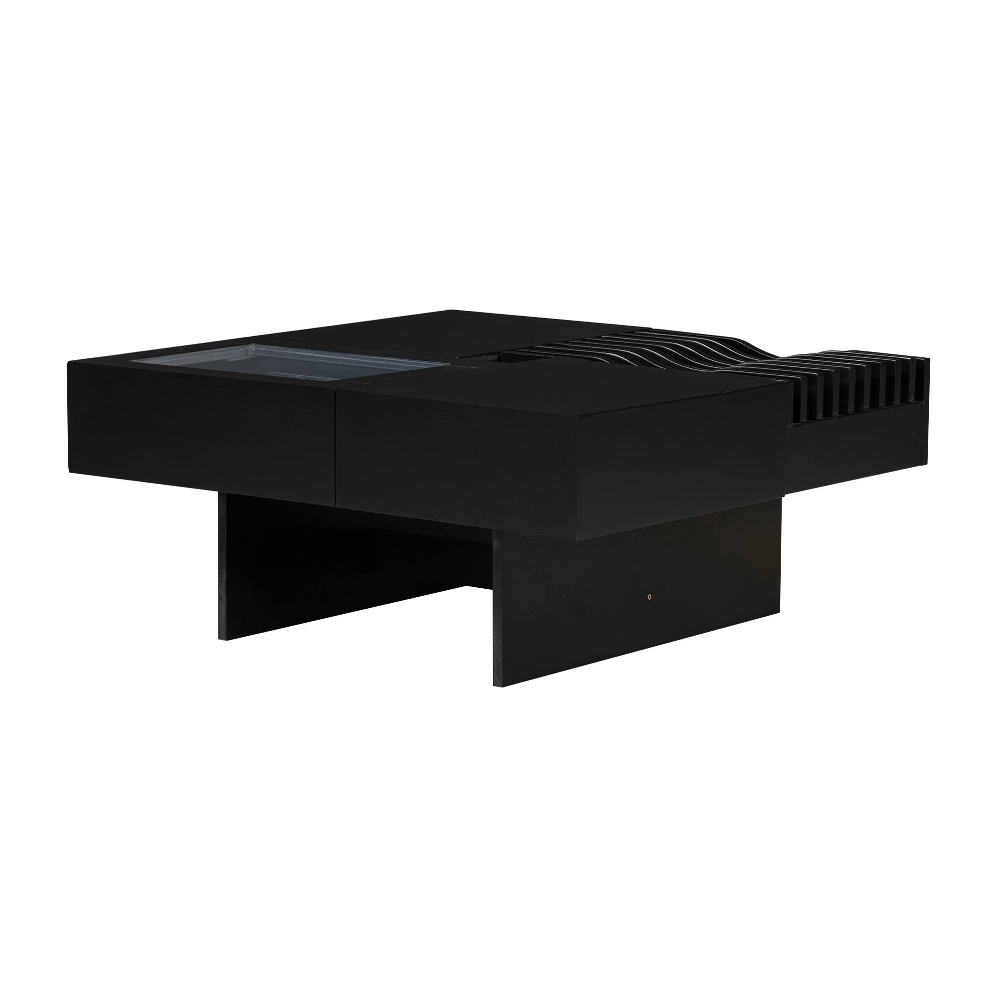 Alt View 10. Tiramisubest - 33" Mid Century Modern Coffee Table,Unique Square Wooden Coffee Table with 3 Drawers,Tempered glass and Solid Wood Legs - Black.