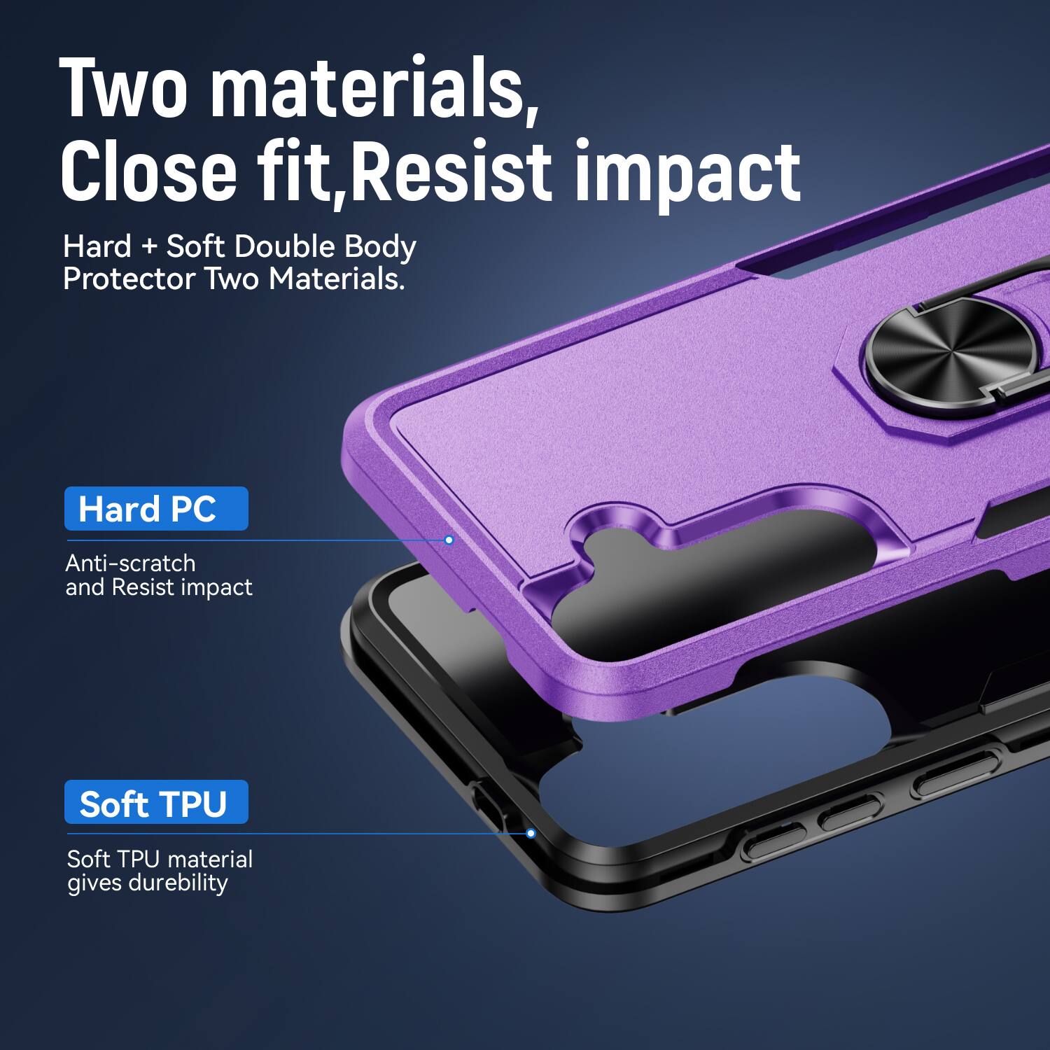 Two materials, Close fit, Resist impact  
Hard + Soft Double Body Protector Two Materials.  
Hard PC  
Anti-scratch and Resist impact  
Soft TPU  
Soft TPU material gives durability