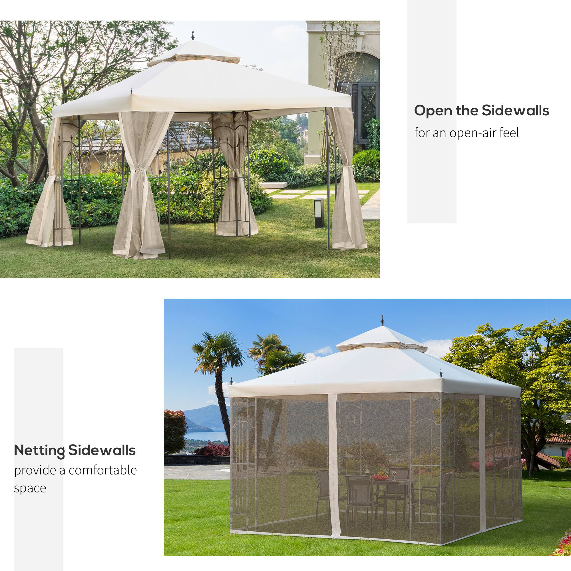 Open the Sidewalls for an open-air feel, Netting Sidewalls provide a comfortable space.
