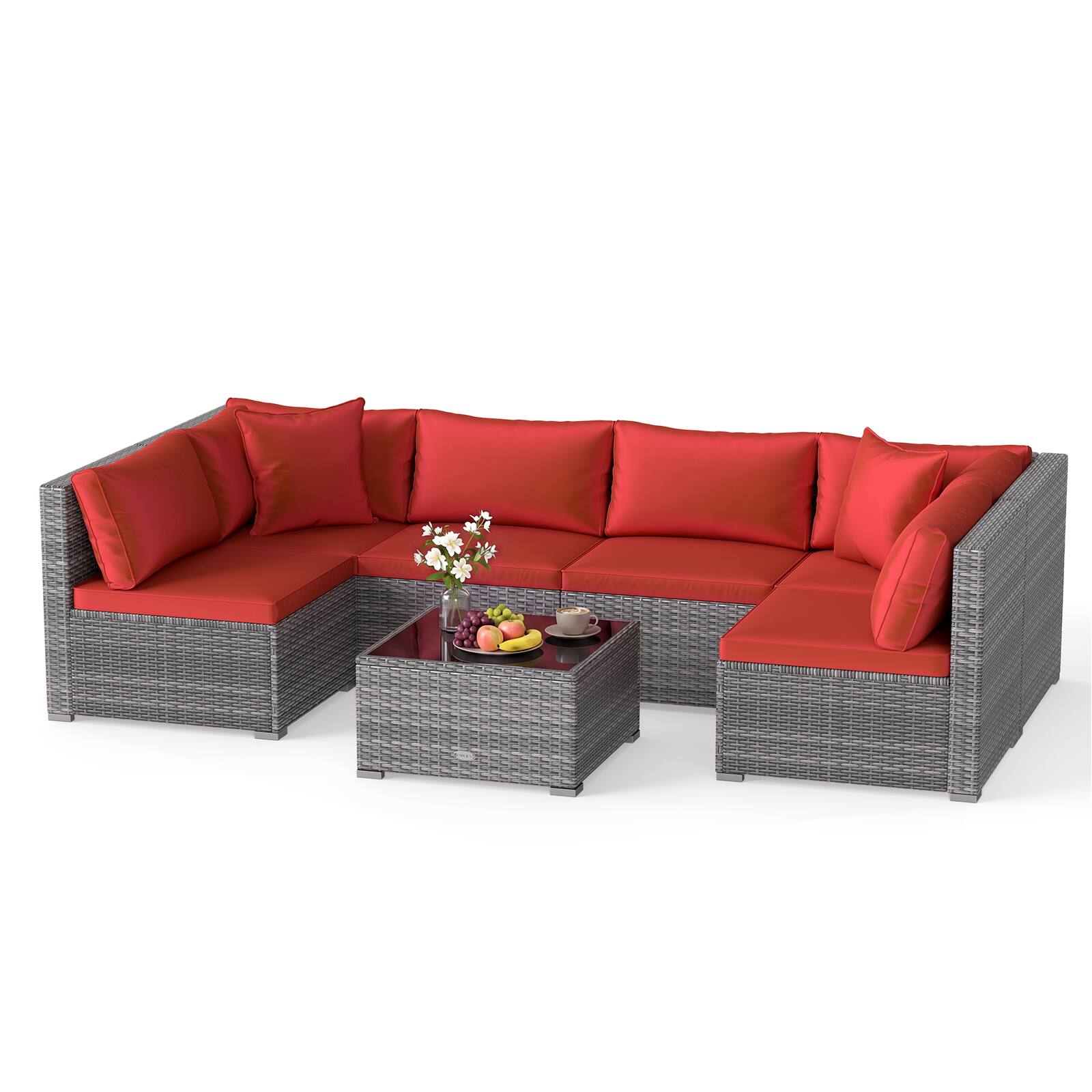 Alt View 1. Costway - Costway 7PCS Patio Furniture Set with Tempered Glass Coffee Table, Soft Pillows & Cushions - Mix Gray+Red.
