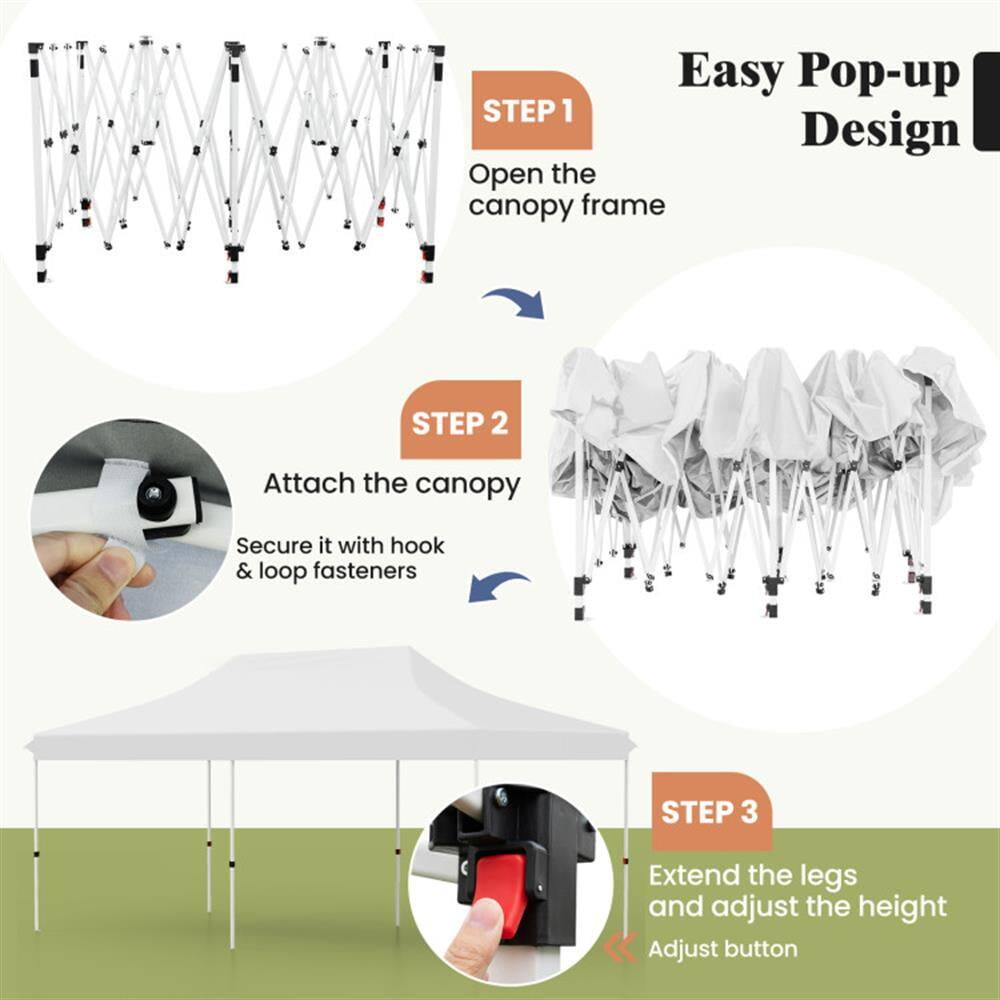 Easy Pop-up Design

STEP 1
Open the canopy frame

STEP 2
Attach the canopy
Secure it with hook & loop fasteners

STEP 3
Extend the legs and adjust the height
Adjust button