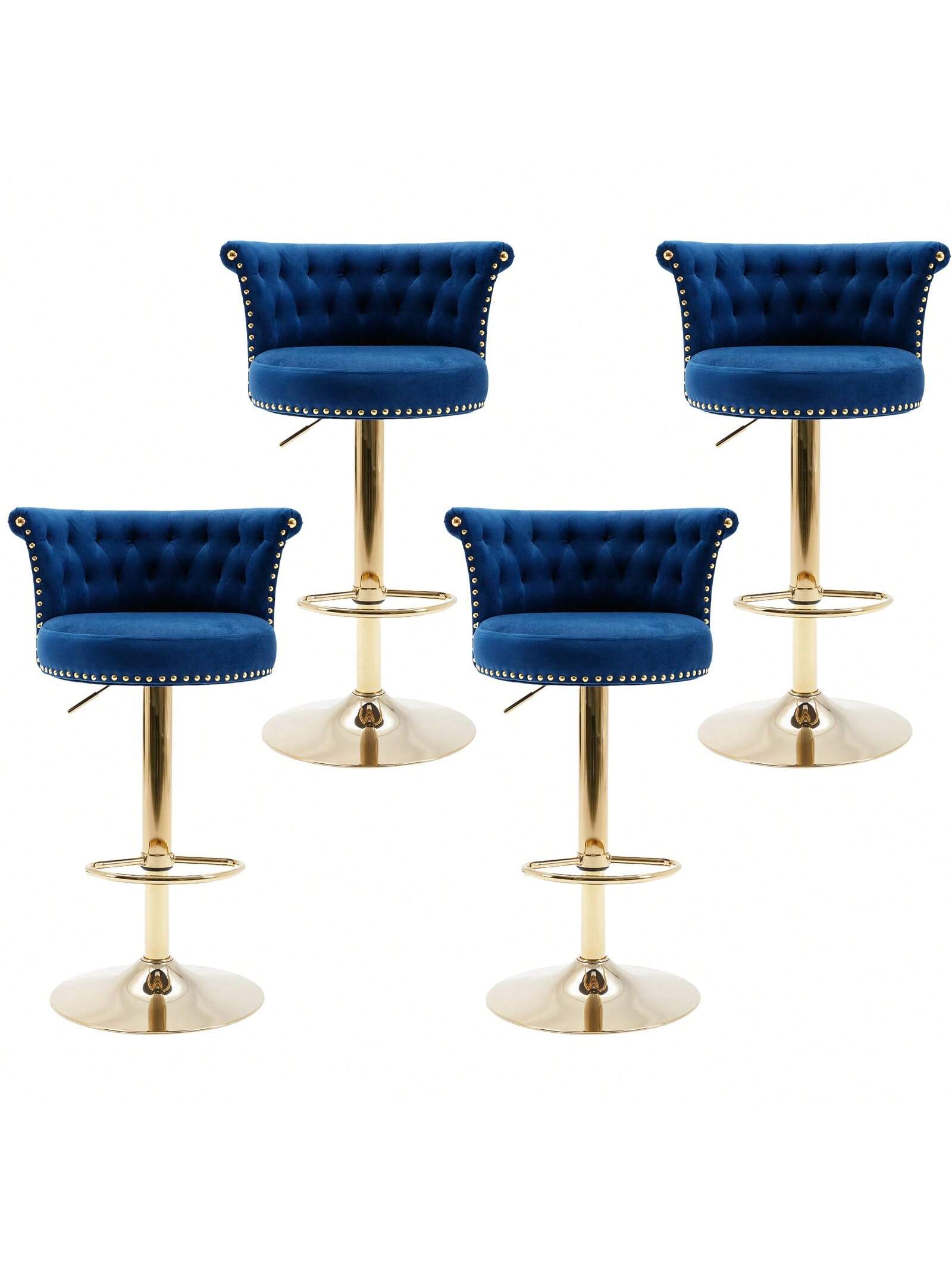 Front. Trinkets Crazed - Velvet Bar Stools Set of 4,Modern Swivel Adjustable Counter Height Gold Barstools with Backs,Upholstered Bar Chairs - Navy.