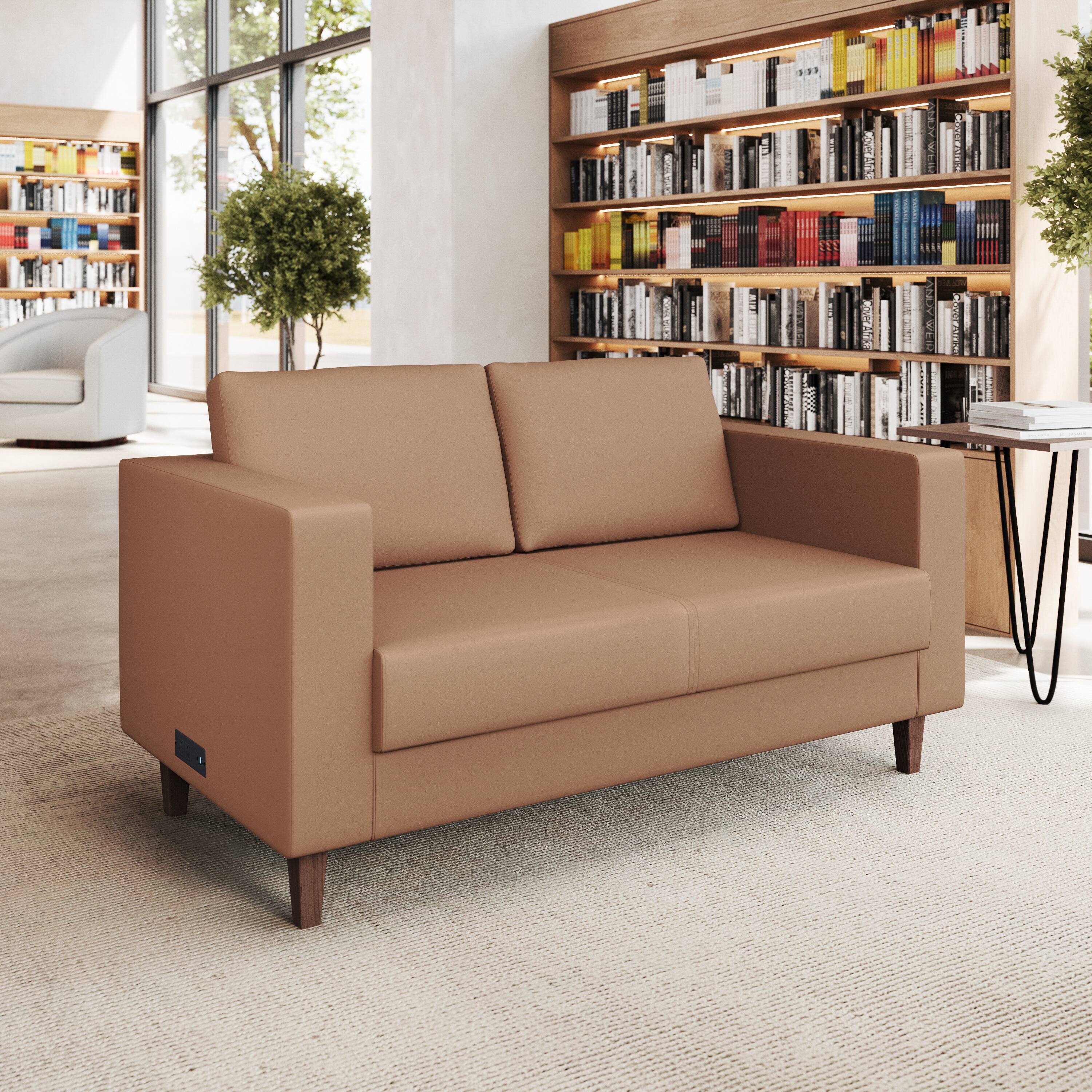 Alt View 1. Flash Furniture - HERCULES Artemis Cognac LeatherSoft Reception Loveseat with 2 AC Outlets/1 USB/1 USB-C Ports and Solid Wood Walnut Legs - Brown.