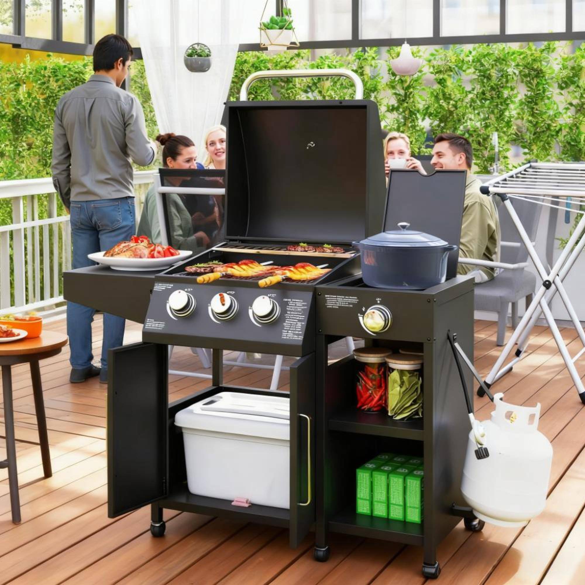Left. GOODSILO - Premium Outdoor Gas Grill with Side Burner and Foldable Side Tables for Versatile Cooking and Convenient Storage - Black.