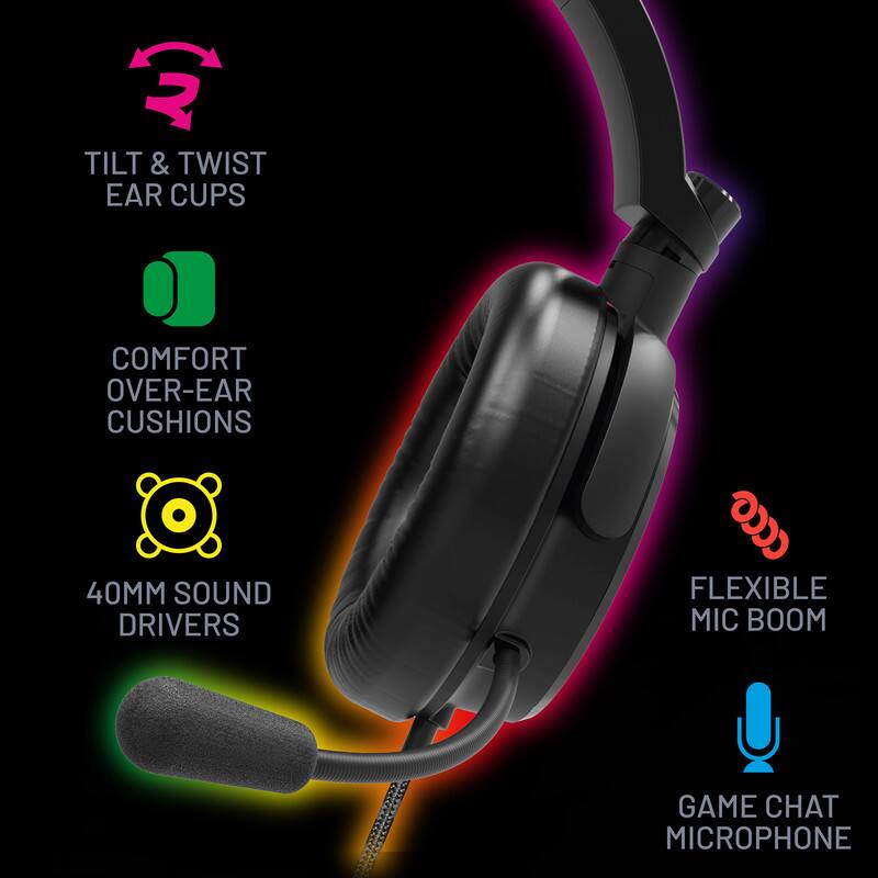 - TILT & TWIST EAR CUPS
- COMFORT OVER-EAR CUSHIONS
- 40MM SOUND DRIVERS
- FLEXIBLE MIC BOOM
- GAME CHAT MICROPHONE