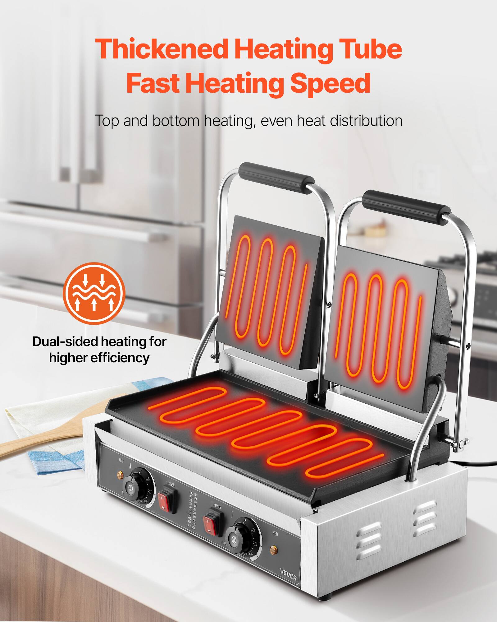 Thickened Heating Tube Fast Heating Speed  
Top and bottom heating, even heat distribution  
Dual-sided heating for higher efficiency  

200 PESSARACED  
1995 :  
W. VEVOR