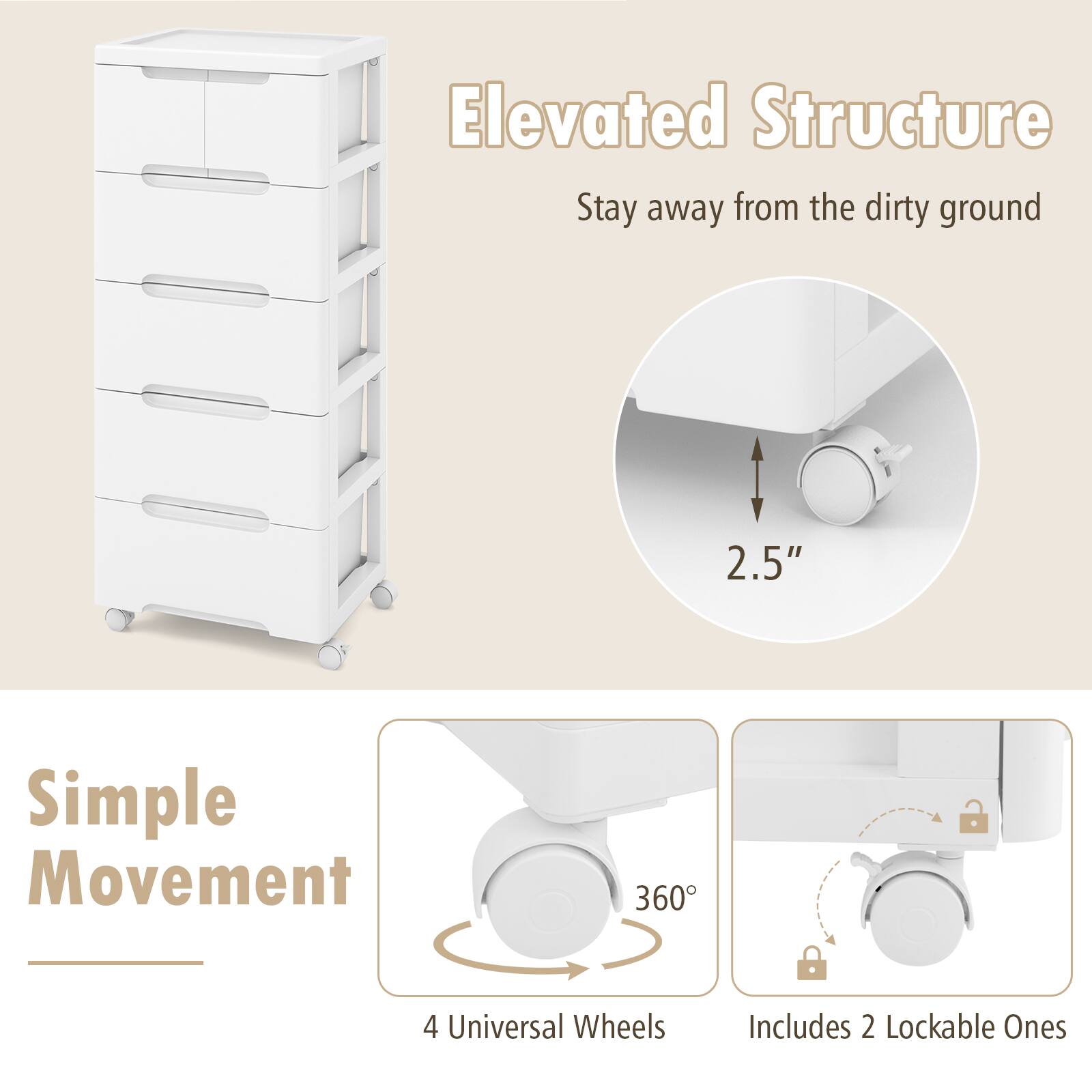 Elevated Structure, Stay away from the dirty ground, 2.5", Simple Movement, 360°, 4 Universal Wheels, Includes 2 Lockable Ones