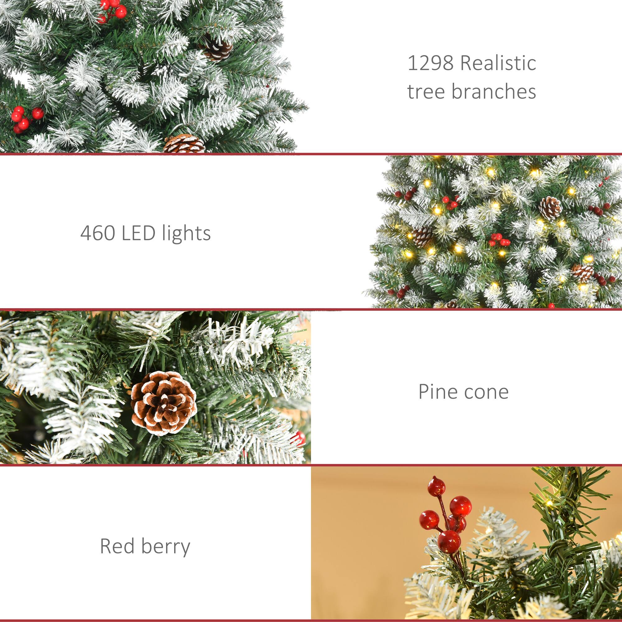 1298 Realistic tree branches  
460 LED lights  
Pine cone  
Red berry