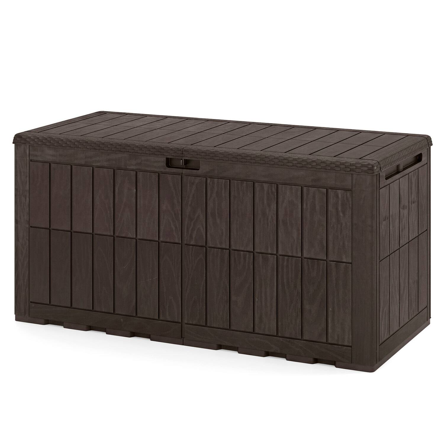 Left. WELLFOR - 120 Gal Outdoor Deck Box with Lid and Handles for Garden Tools - Brown.