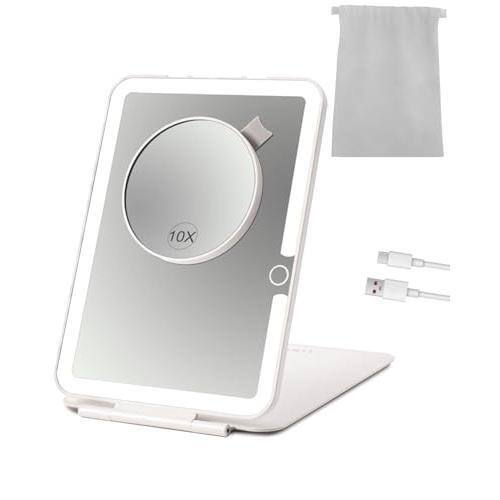 Pacoar Cade - Rechargeable Travel Makeup Mirror With Lights Lighted Vanity Magnification Leds Color Touch Screen Folding Compact - Offwhite With Carrying Bag