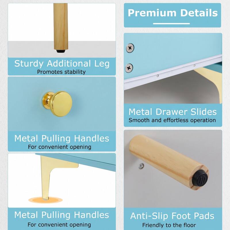 Premium Details

- Sturdy Additional Leg
  - Promotes stability

- Metal Drawer Slides
  - Smooth and effortless operation

- Metal Pulling Handles
  - For convenient opening

- Metal Pulling Handles
  - For convenient opening

- Anti-Slip Foot Pads
  - Friendly to the floor