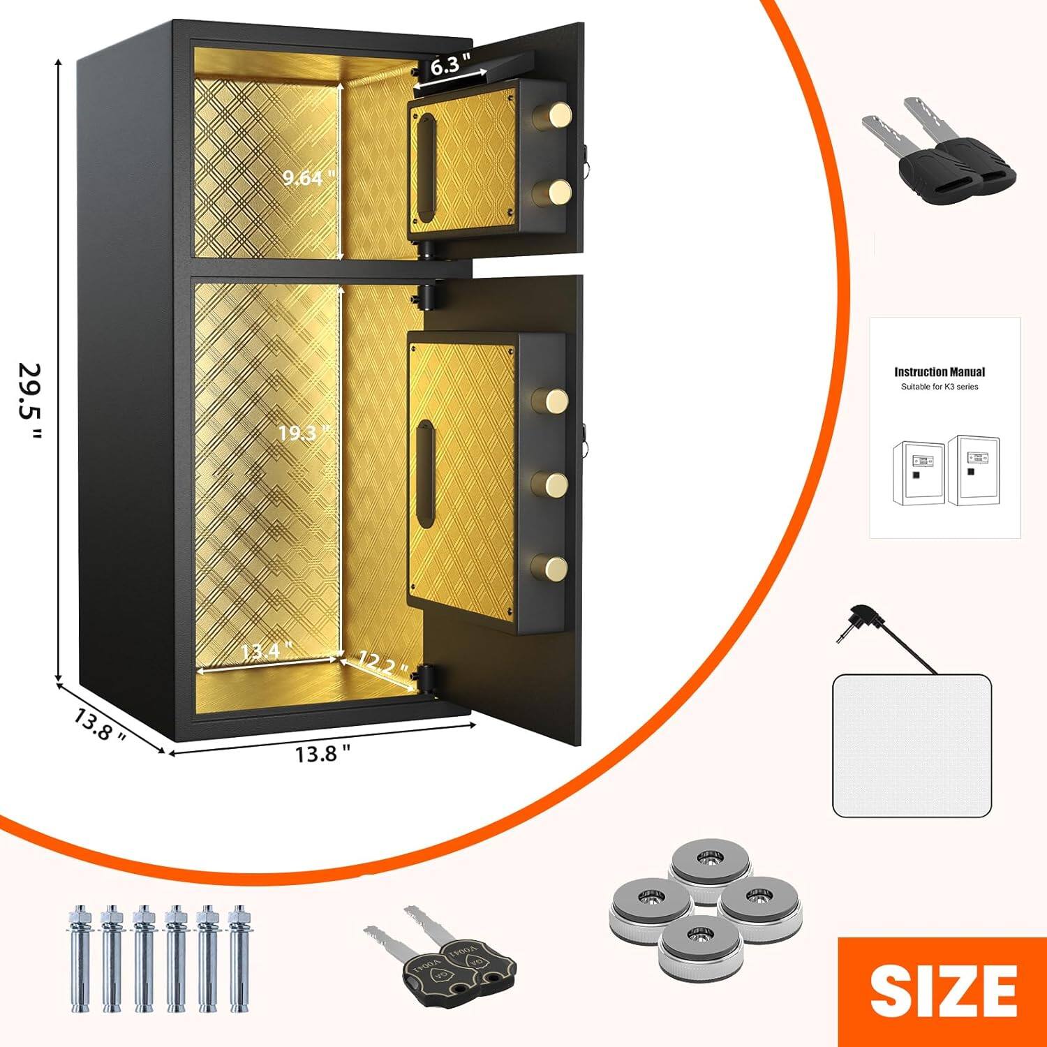 - W 6.3" 9.64" 29.5" = 19.3
- Instruction Manual
- Suitable for K3 series
- SIZE