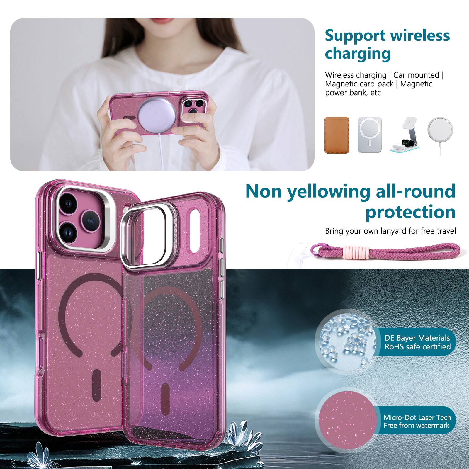 Support wireless charging  
Wireless charging | Car mounted | Magnetic card pack | Magnetic power bank, etc  

Non yellowing all-round protection  
Bring your own lanyard for free travel  

DE Bayer Materials RoHS safe certified  

Micro-Dot Laser Tech Free from watermark