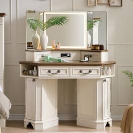 PO3TICJUNKI3 - 48" Corner Vanity Desk with 3-Way Mirror, Lights, Glass Top, Charging Station - Antique White