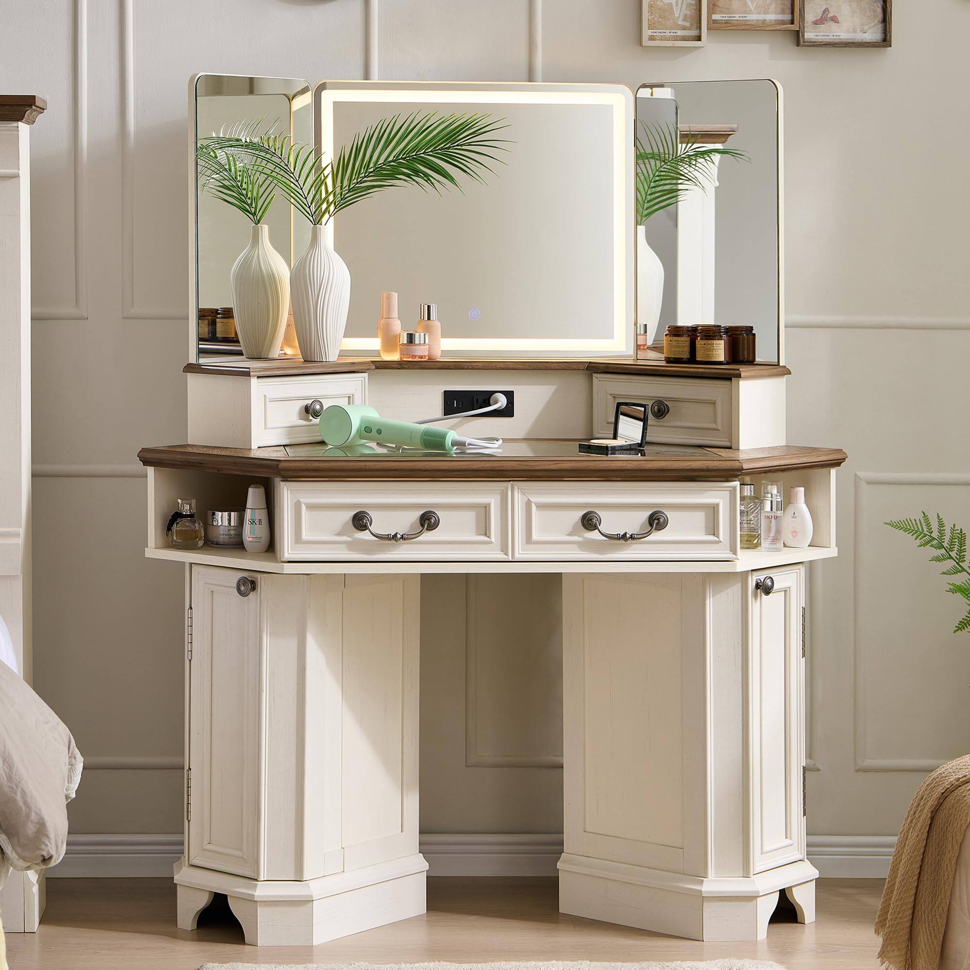 Front. PO3TICJUNKI3 - 48" Corner Vanity Desk with 3-Way Mirror, Lights, Glass Top, Charging Station - Antique White.