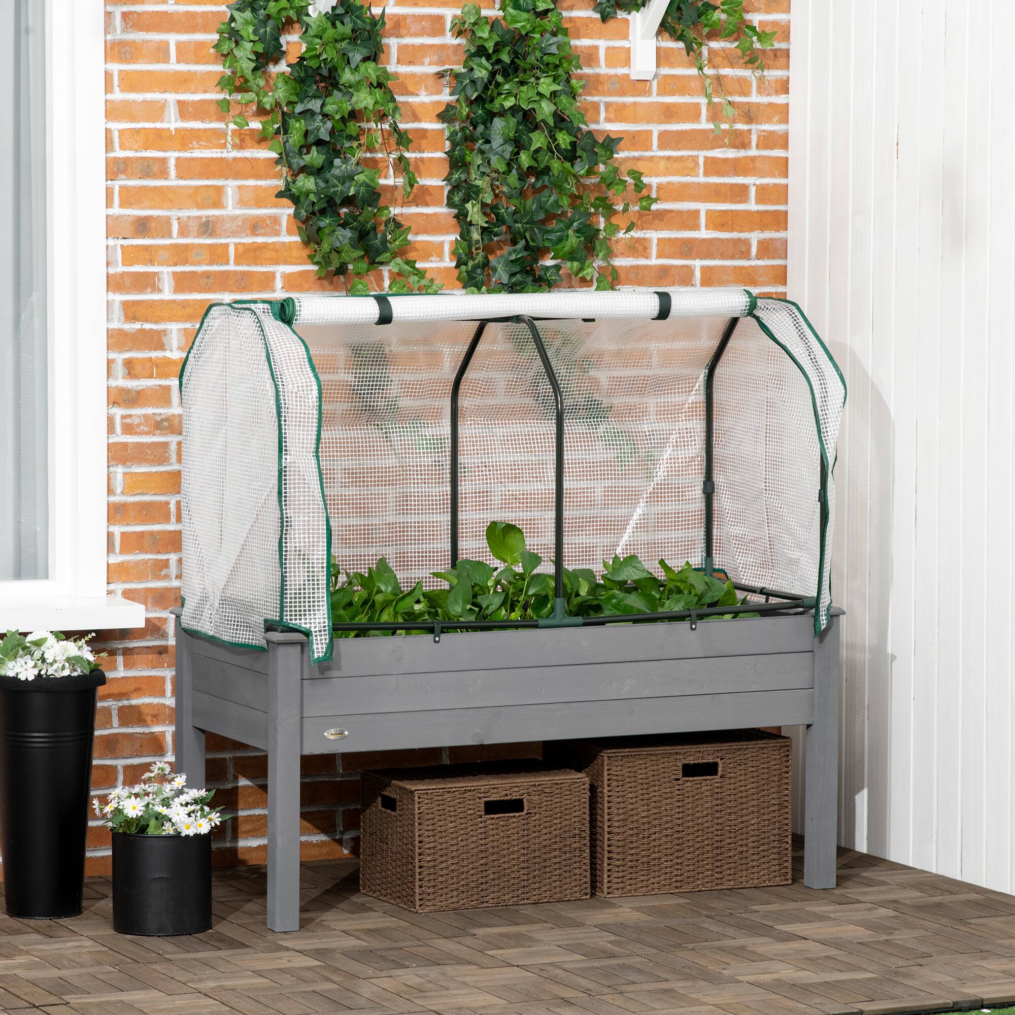 Alt View 1. Outsunny - Raised Garden Bed with PE Greenhouse Cover Outdoor Elevated Wood Planter Box for Herbs and Vegetables, Use for Patio - Dark Gray.