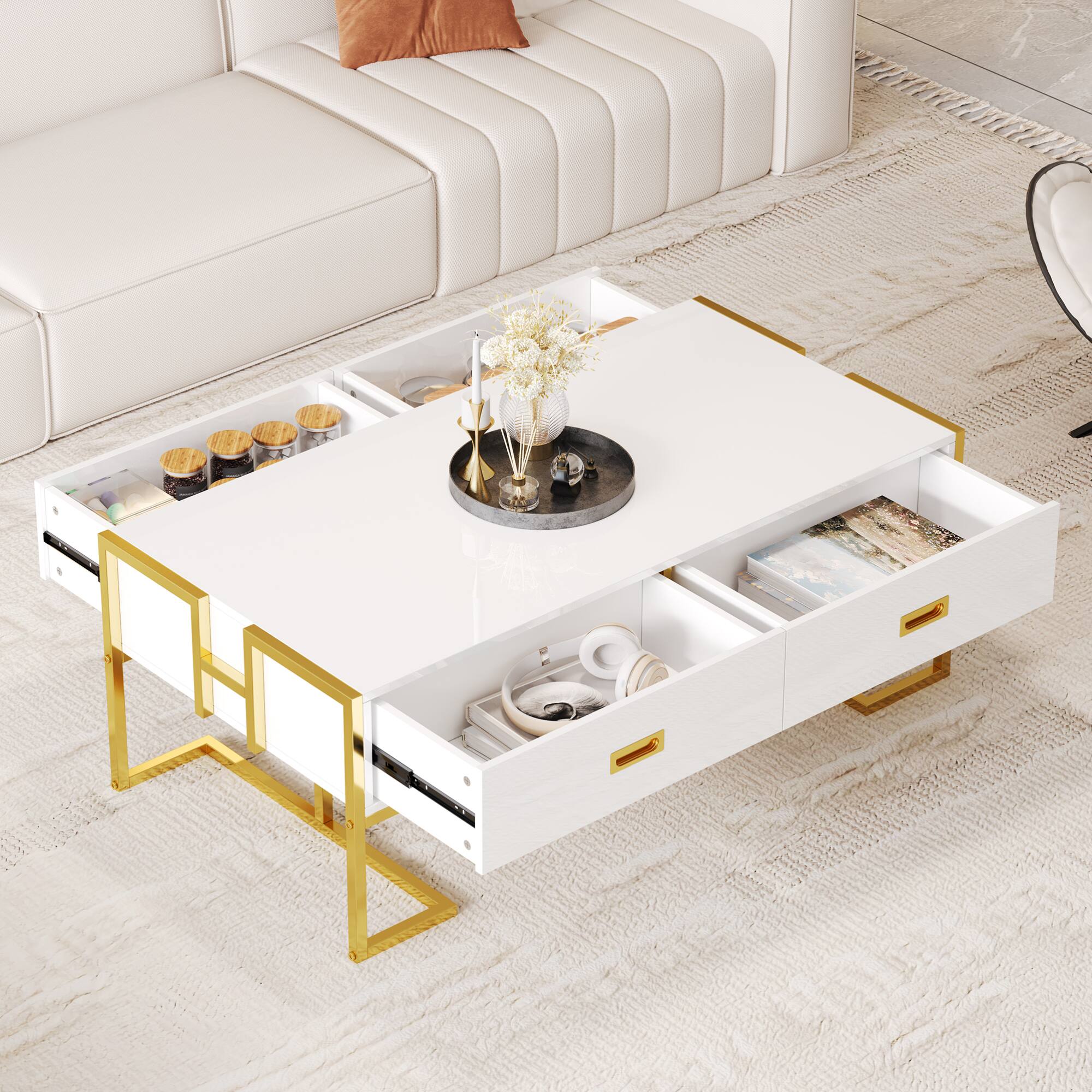 Left. GOODSILO - Modern Rectangular Coffee Table with Drawers and Metallic Base - White+Gold.