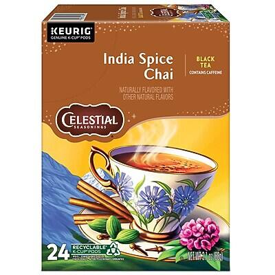 KEURIG GENUINE K-CUP PODS

India Spice Chai  
NATURALLY FLAVORED WITH OTHER NATURAL FLAVORS  
BLACK TEA CONTAINS CAFFEINE

CELESTIAL SEASONINGS

24 RECYCLABLE K-CUP PODS

NET WT 1 OZ (88g)