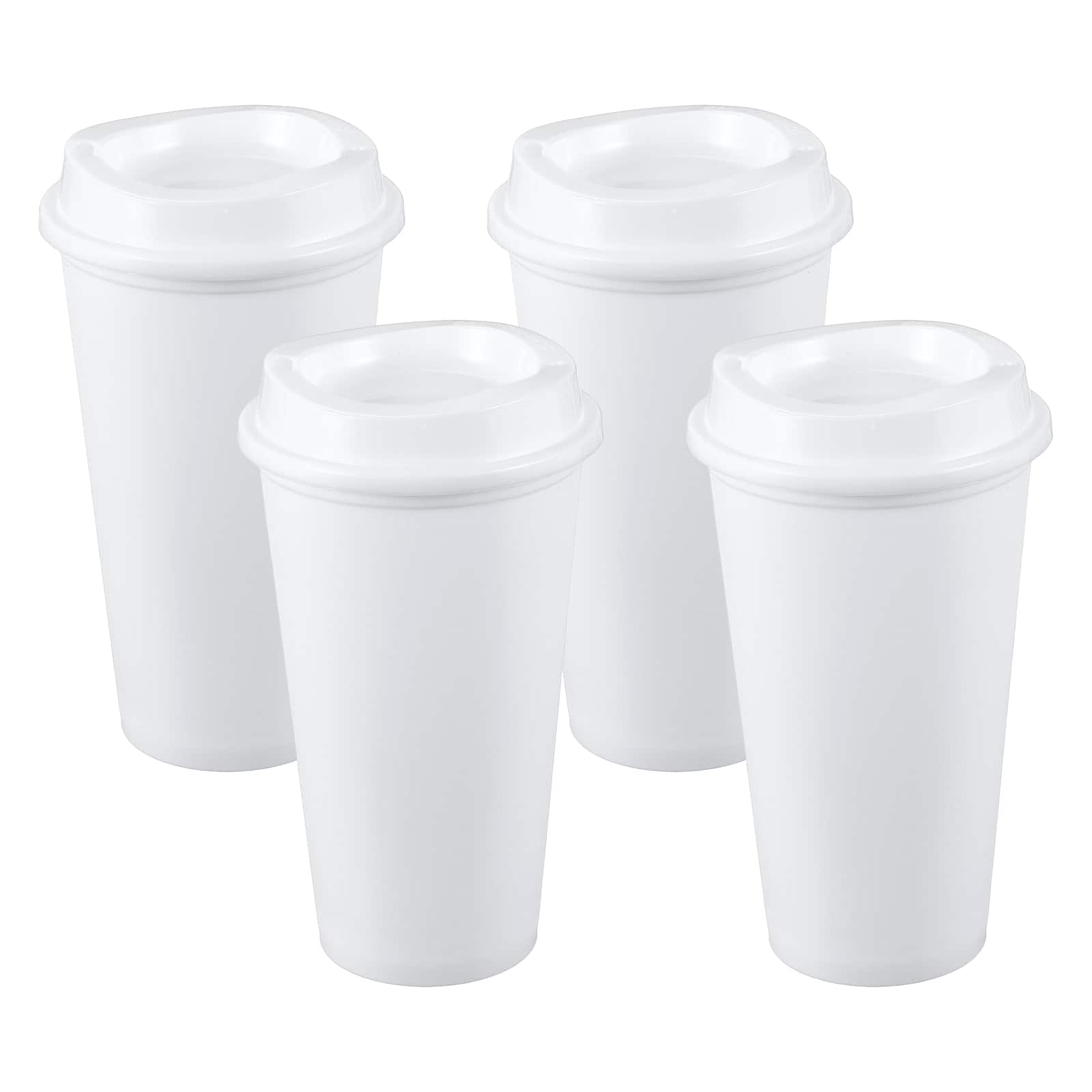 Unique Bargains - 4pcs Reusable Coffee Cups with Lids, 16oz Travel Mugs Spill Proof for Hot and Cold Drinks Juice Tea - White