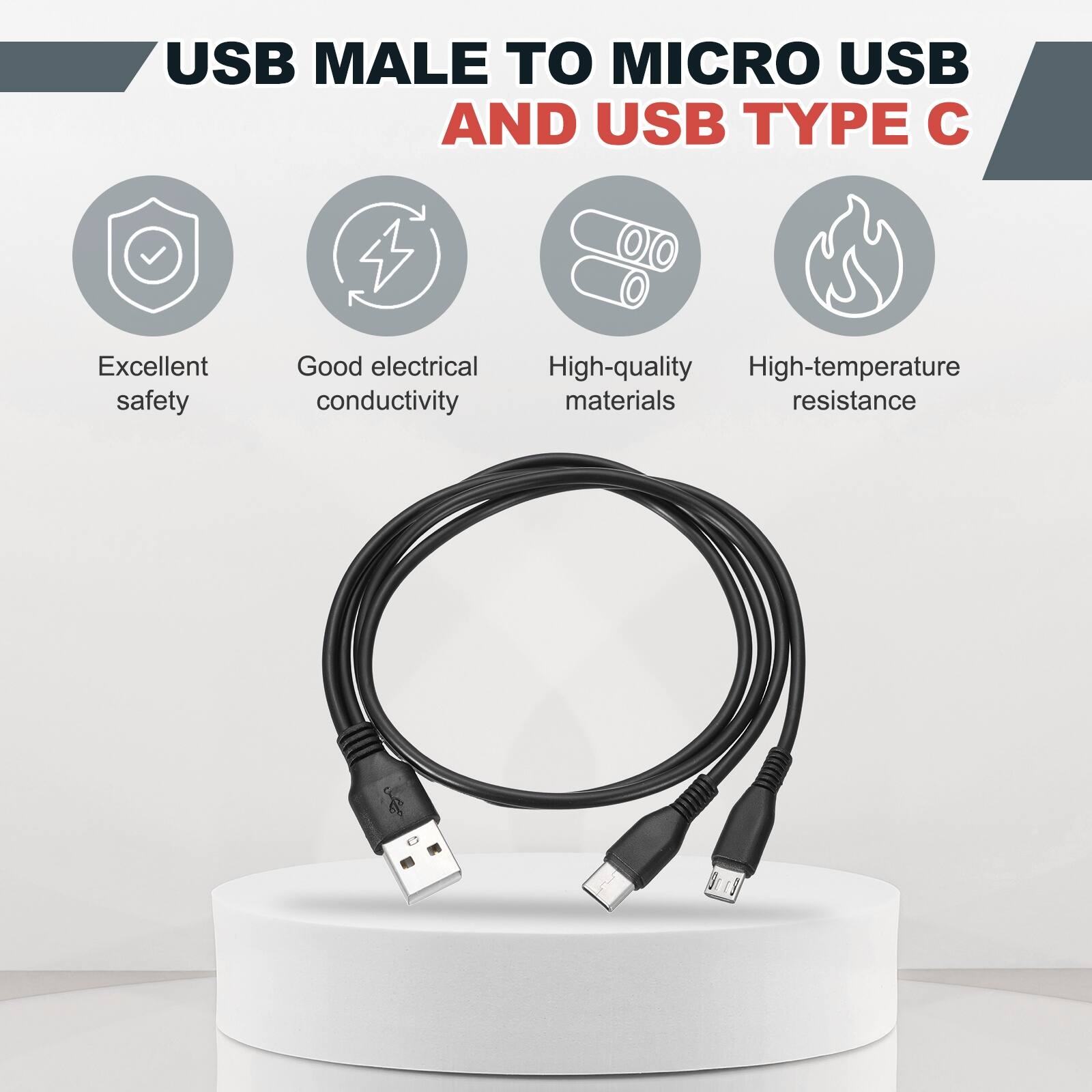 USB MALE TO MICRO USB AND USB TYPE C

Excellent safety
Good electrical conductivity
High-quality materials
High-temperature resistance