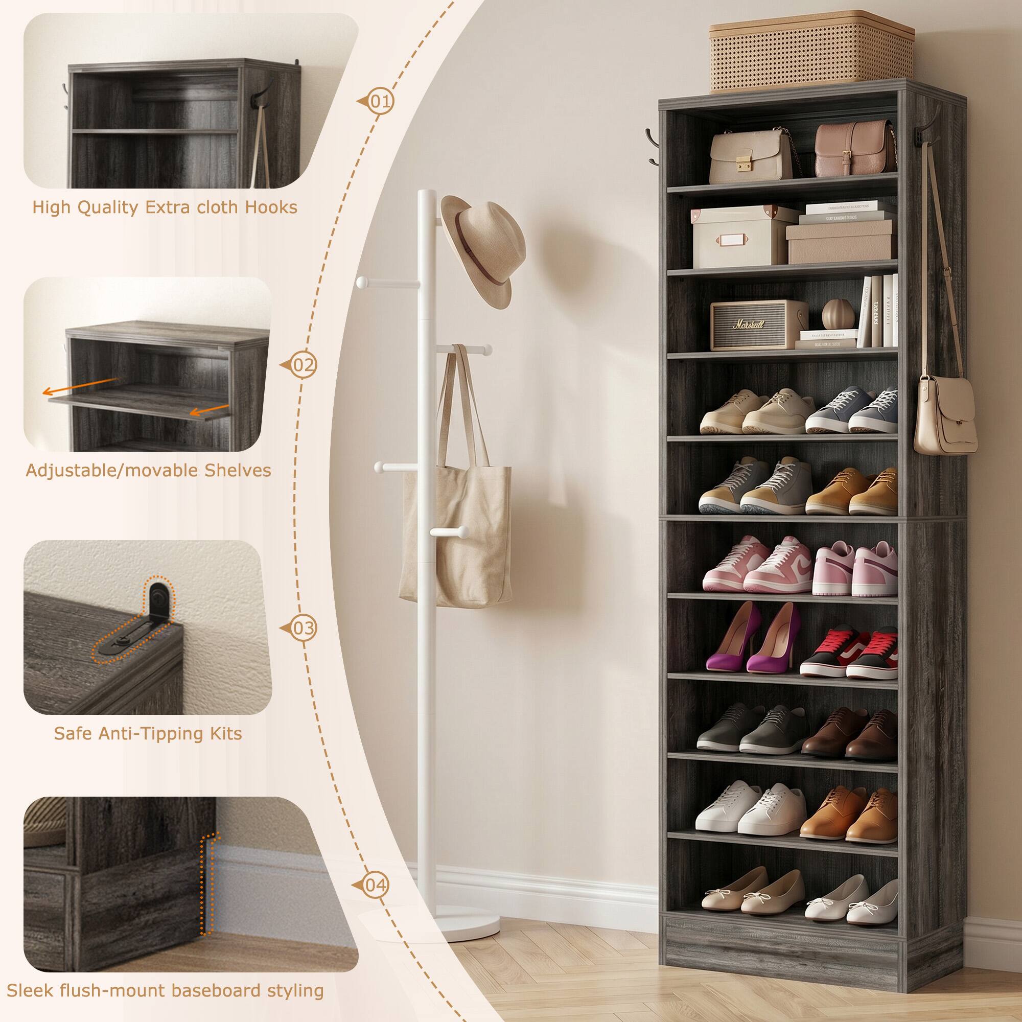 01 High Quality Extra cloth Hooks  
02 Adjustable/movable Shelves  
03 Safe Anti-Tipping Kits  
04 Sleek flush-mount baseboard styling