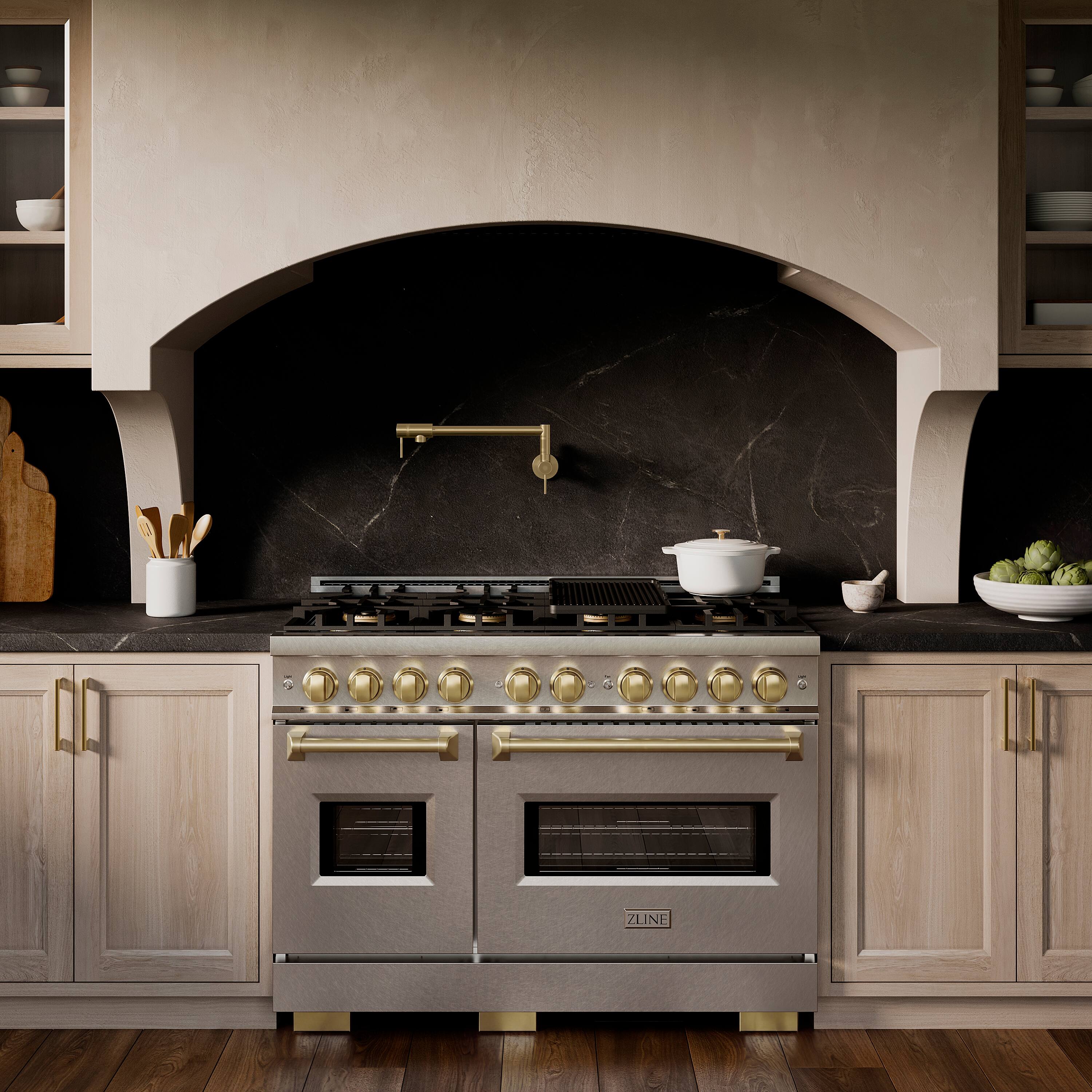 Alt View 5. ZLINE - Autograph 48 in. 6.7 cu. ft. Classic Freestanding DuoPro Dual Fuel Range in Satin Stainless Steel and Bronze Accents - Satin Stainless Steel.
