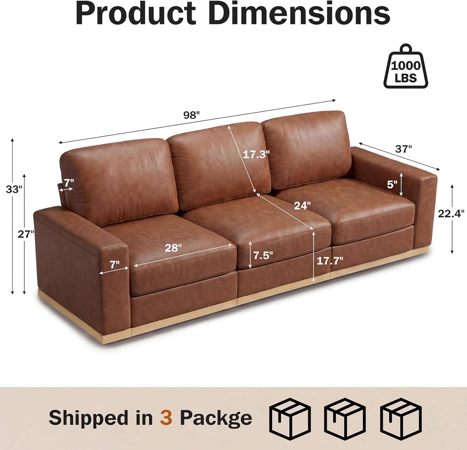 Product Dimensions: 1000 LBS, 98", 17.3", 37", 33", 7", 24", 5", 22.4", 27", 7", 28", 7.5", 17.7"  
Shipped in 3 Package