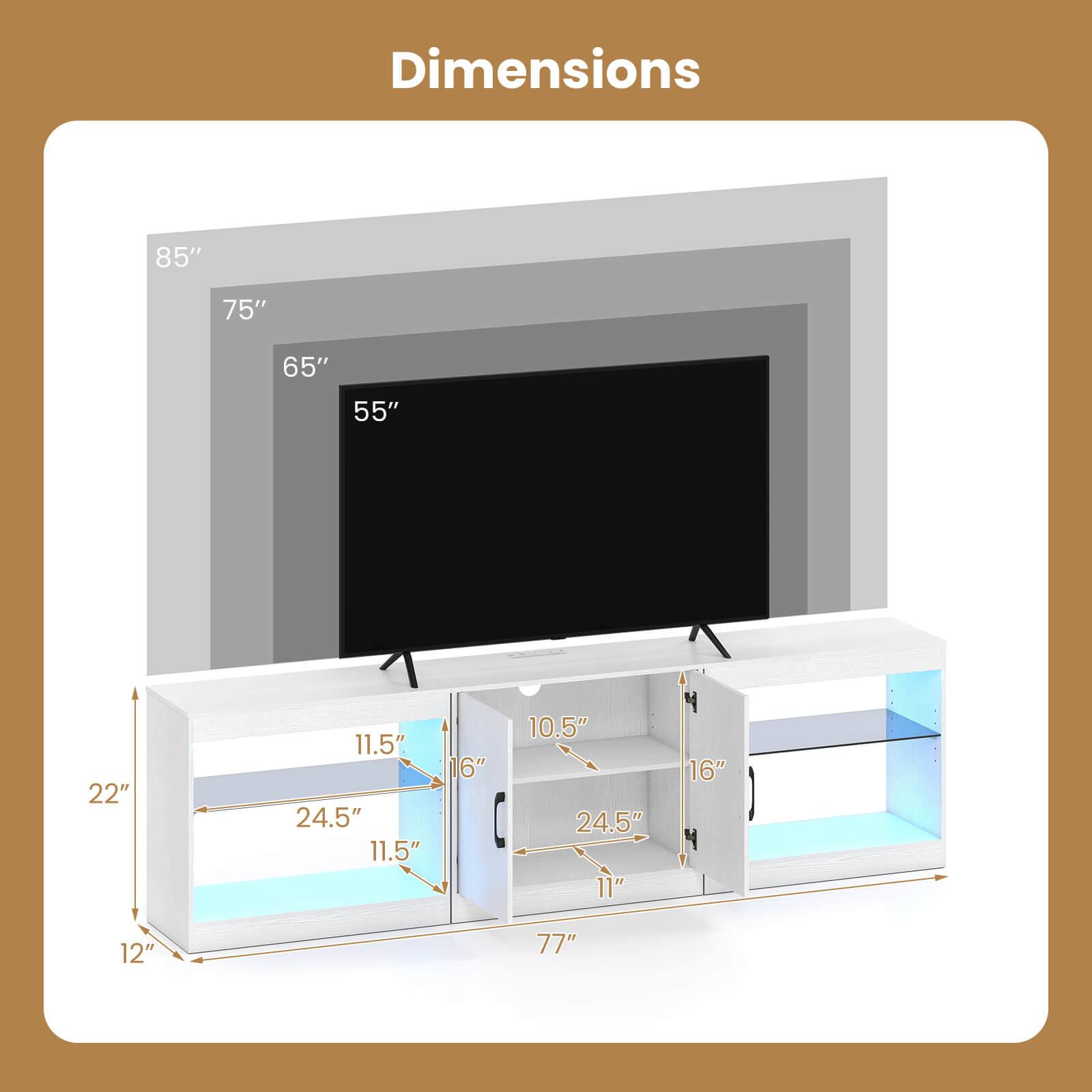 Dimensions: 85", 75", 65", 55", 22", 11.5", 24.5", 11.5", 16", 10.5", 24.5", 11", 16", 12", 77"