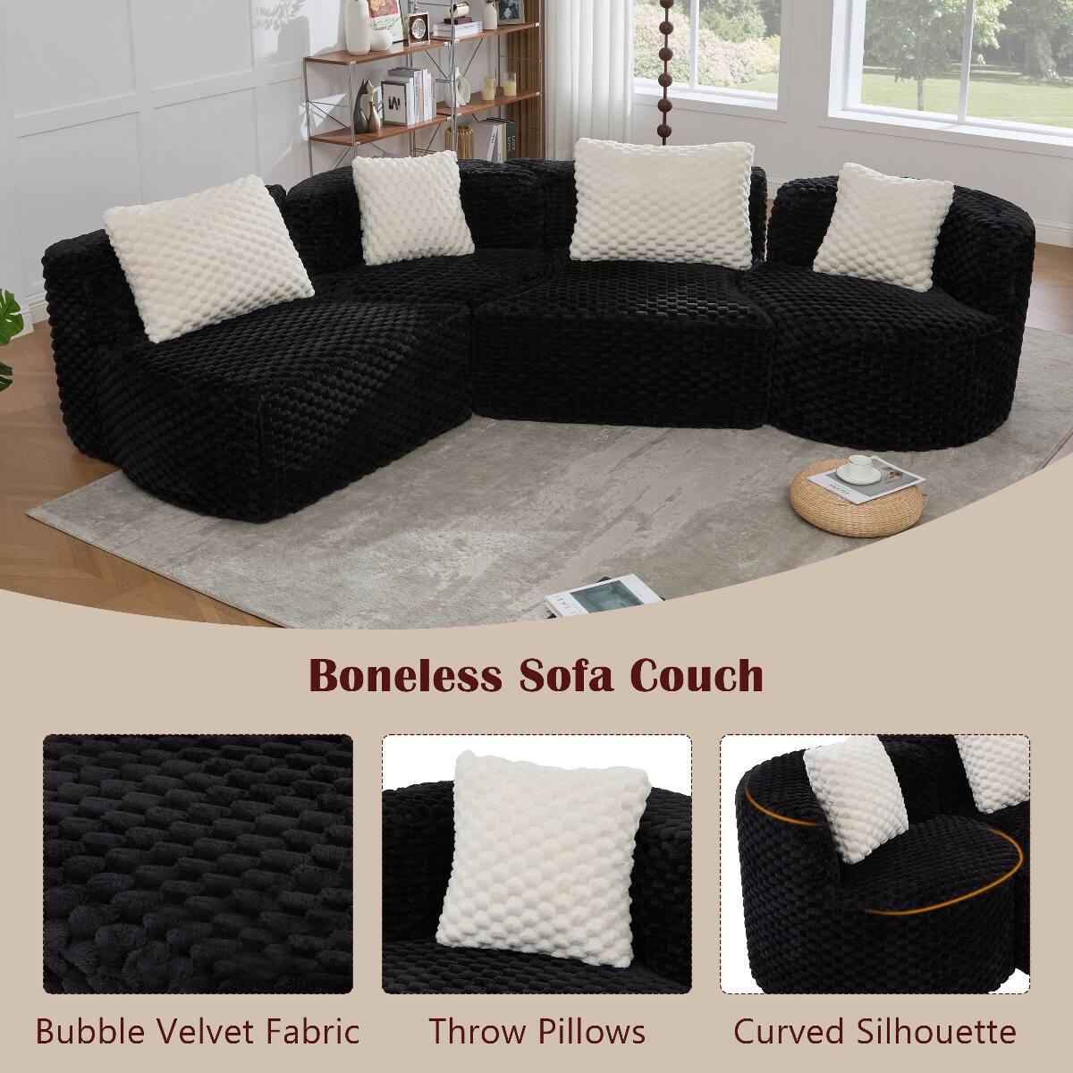 Boneless Sofa Couch

Bubble Velvet Fabric

Throw Pillows

Curved Silhouette
