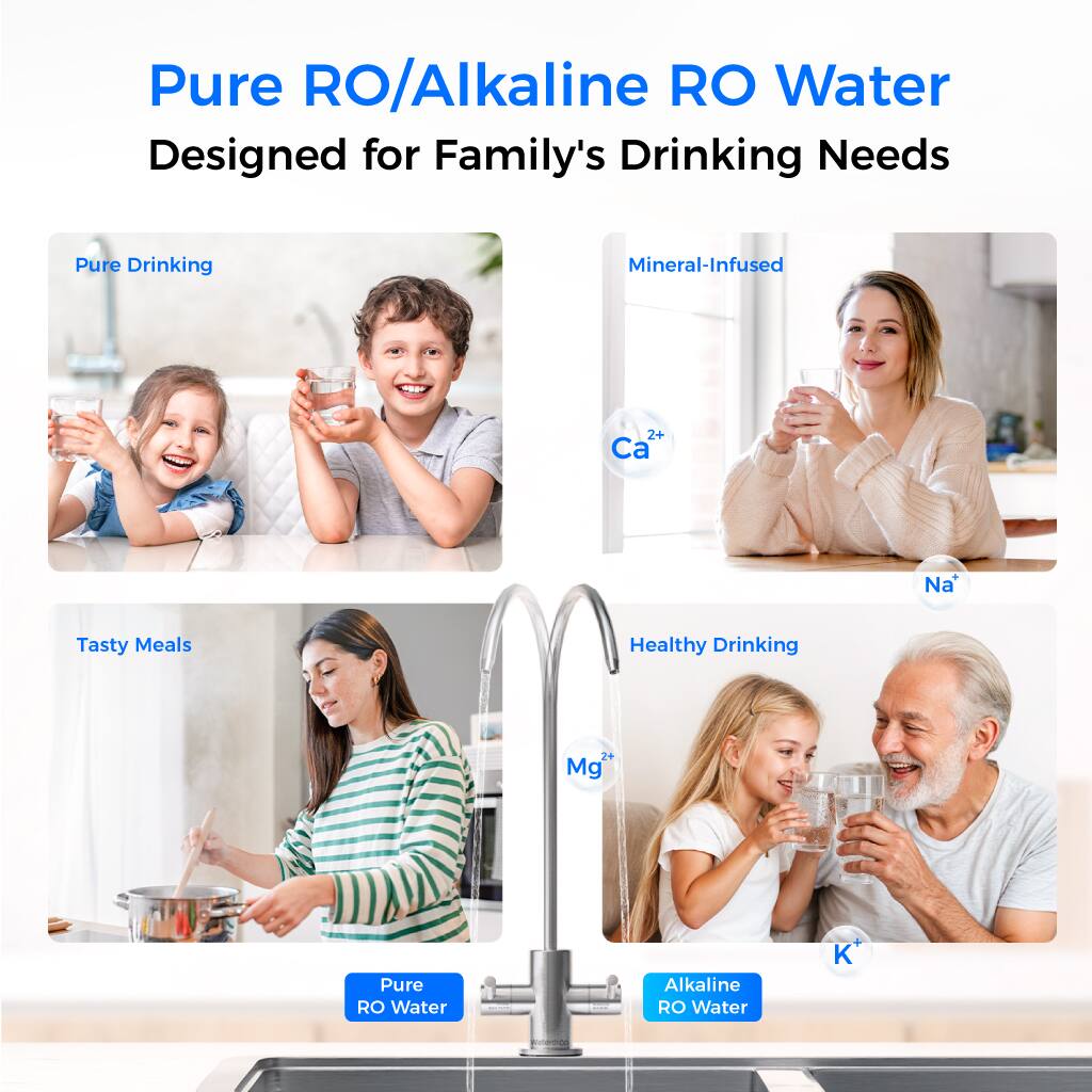 Pure RO/Alkaline RO Water  
Designed for Family's Drinking Needs  

Pure Drinking  
Mineral-Infused  
Tasty Meals  
Healthy Drinking  

Pure RO Water  
Alkaline RO Water  

Ca²⁺  
Na⁺  
Mg²⁺  
K⁺