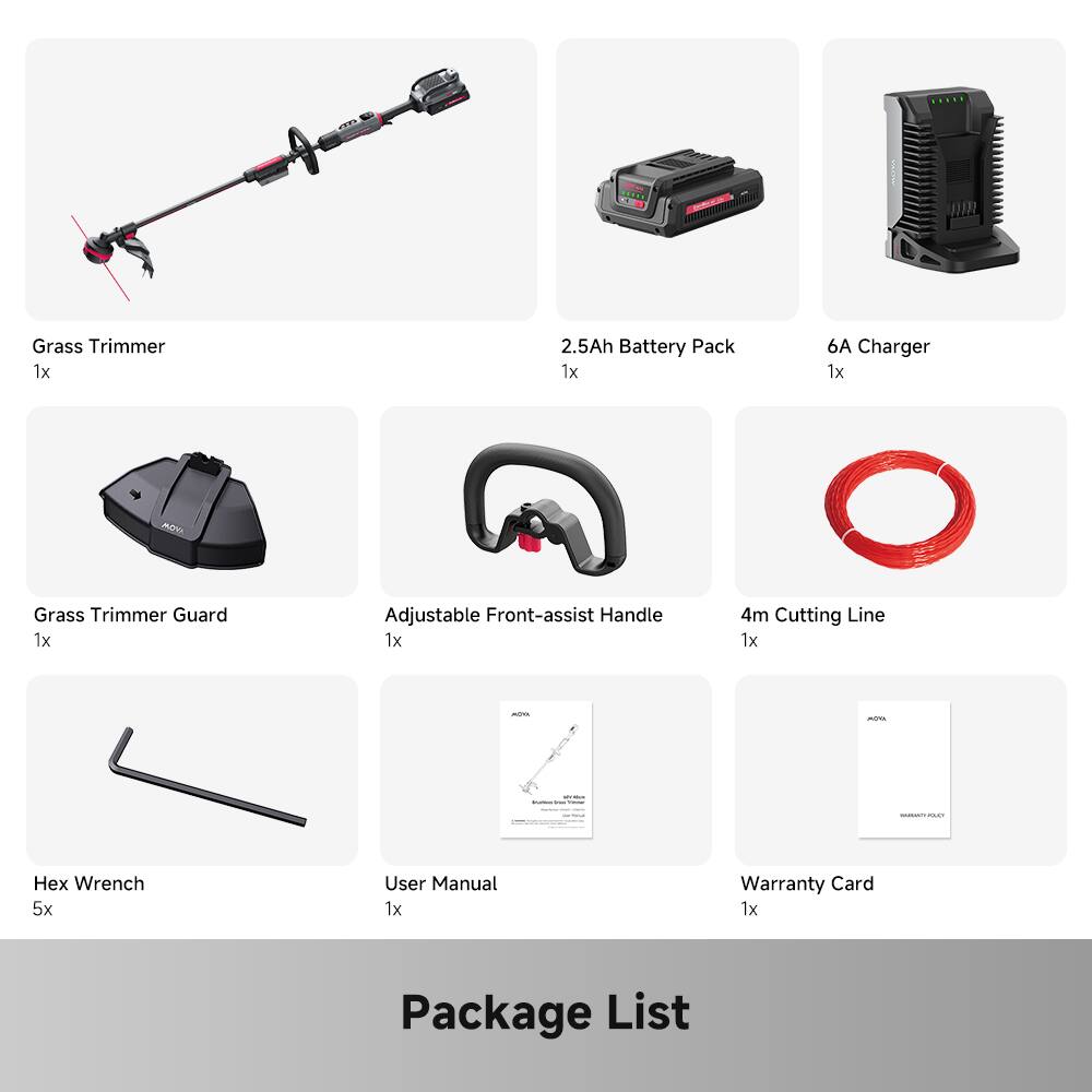 - DR Grass Trimmer
- 1x 2.5Ah Battery Pack
- 1x 6A Charger
- 1x Grass Trimmer Guard
- 1x Adjustable Front-assist Handle
- 1x 4m Cutting Line
- 1x Hex Wrench
- 1x User Manual
- 1x Warranty Card
- 1x Package List
