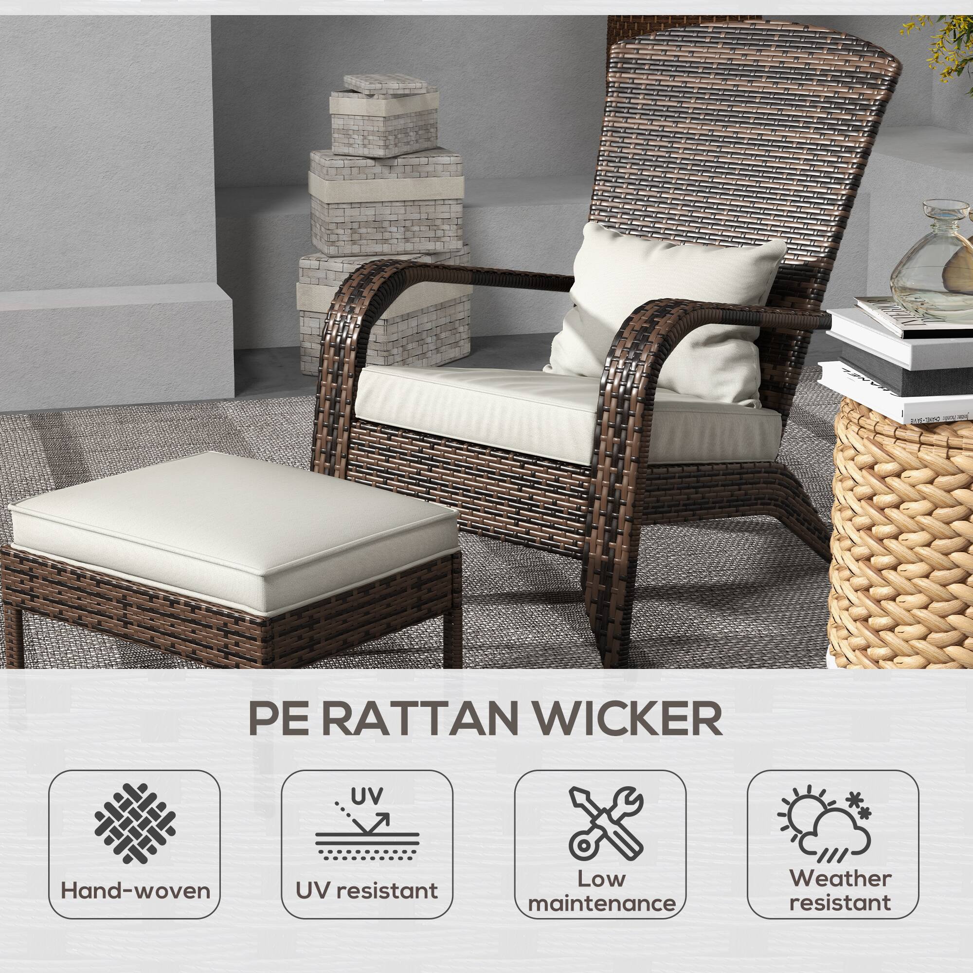 PE RATTAN WICKER

- Hand-woven
- UV resistant
- Low maintenance
- Weather resistant