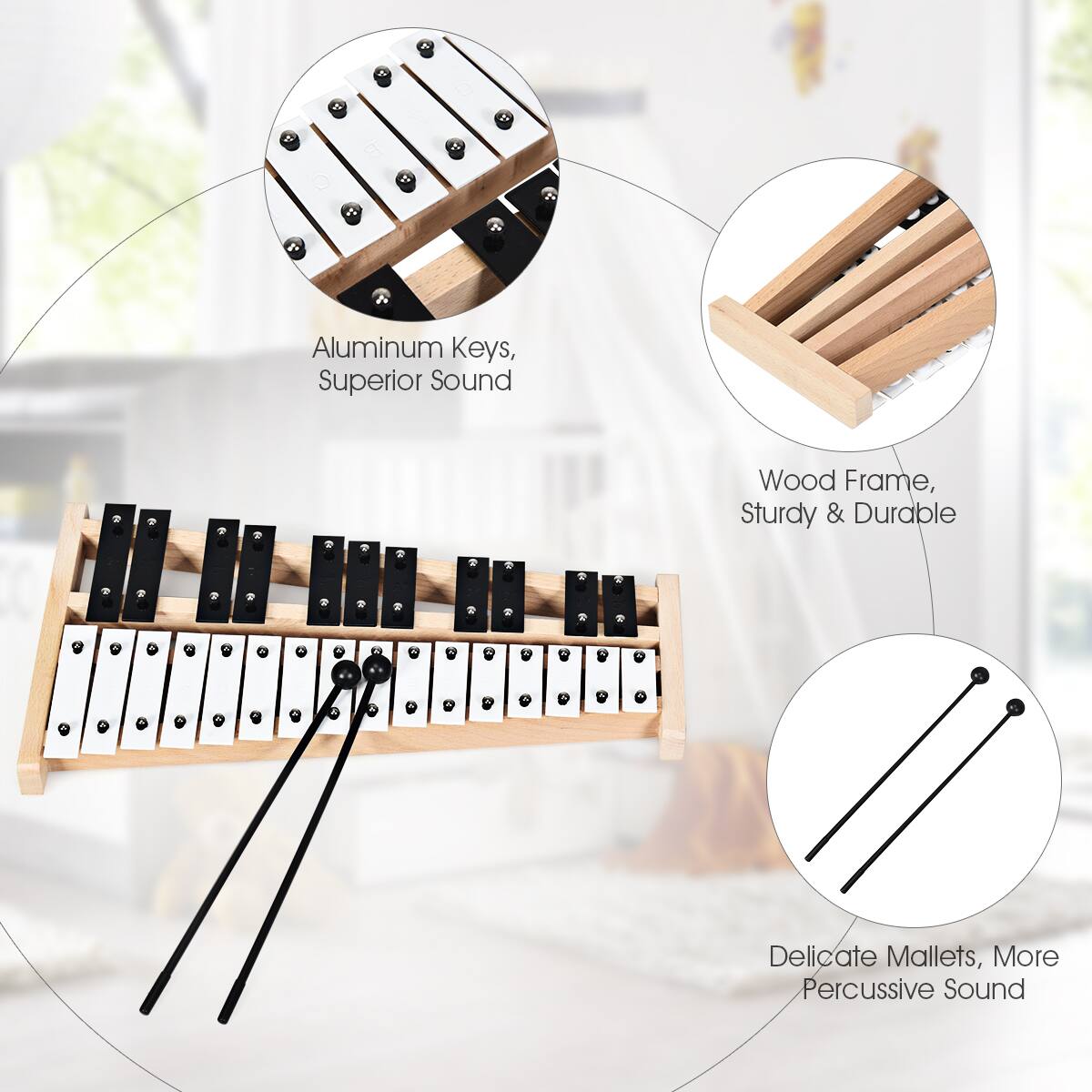 - Aluminum Keys, Superior Sound
- Wood Frame, Sturdy & Durable
- Delicate Mallets, More Percussive Sound
