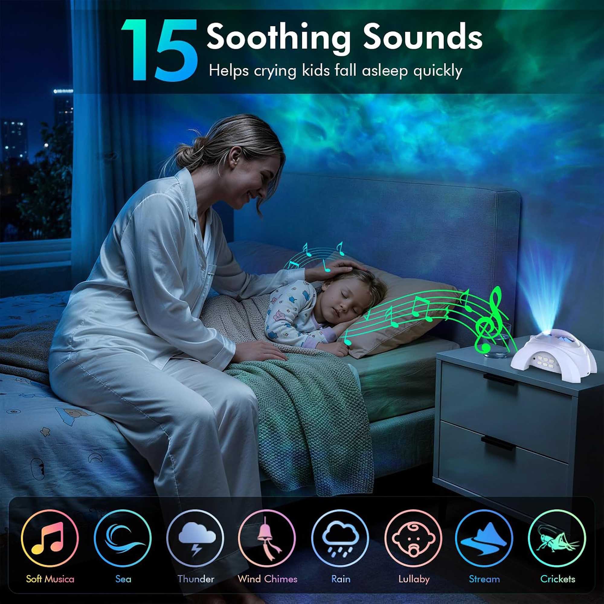 15 Soothing Sounds  
Helps crying kids fall asleep quickly

Soft Music  
Sea  
Thunder  
Wind Chimes  
Rain  
Lullaby  
Stream  
Crickets
