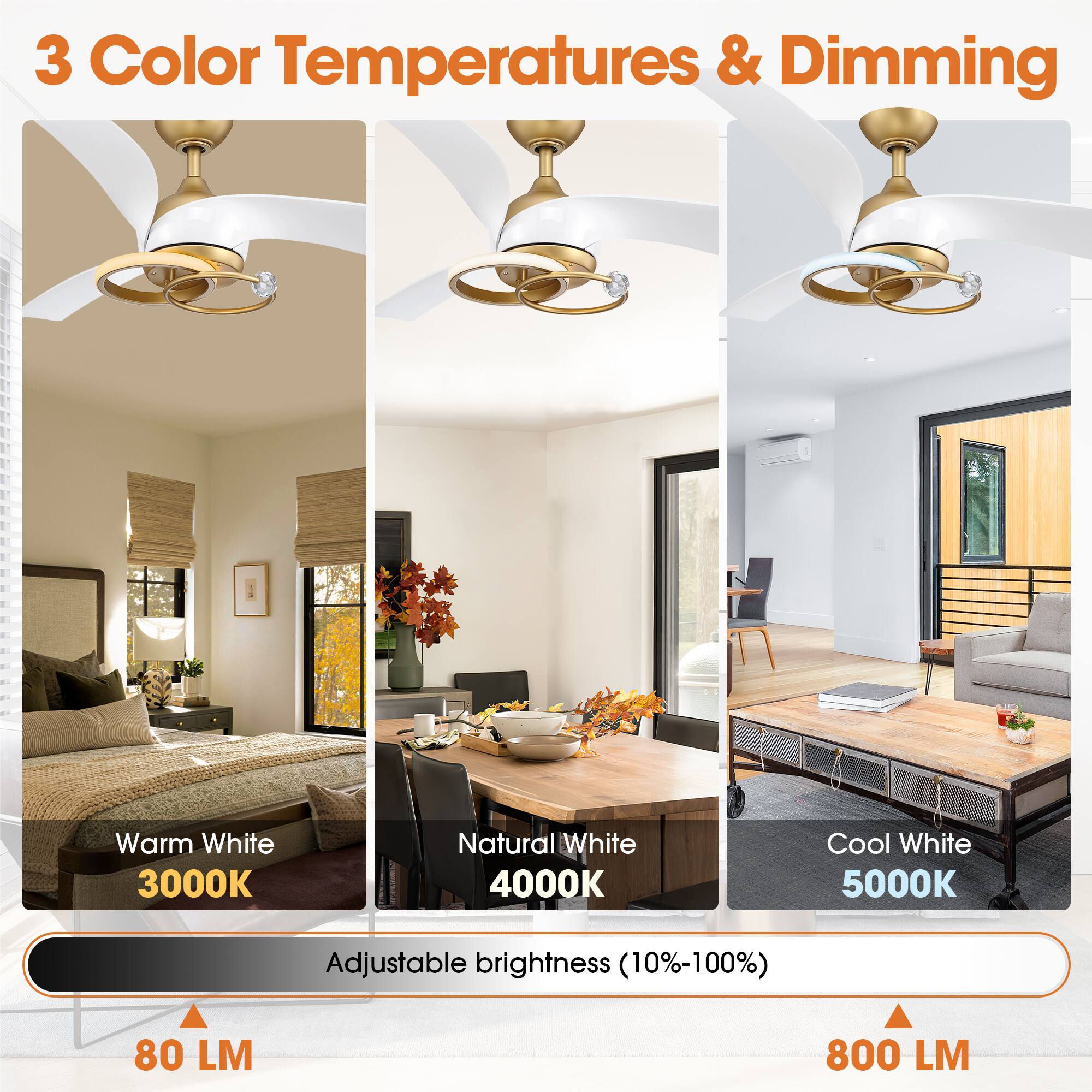 3 Color Temperatures & Dimming

Warm White 3000K
Natural White 4000K
Cool White 5000K

Adjustable brightness (10%-100%)

80 LM
800 LM