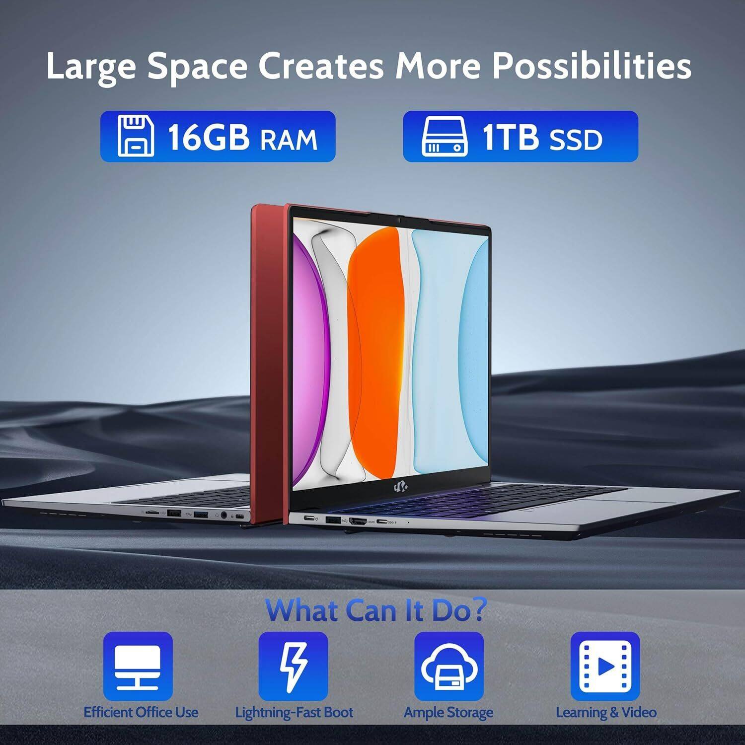 Large Space Creates More Possibilities

16GB RAM

1TB SSD

What Can It Do?

Efficient Office Use

Lightning-Fast Boot

Ample Storage

Learning & Video