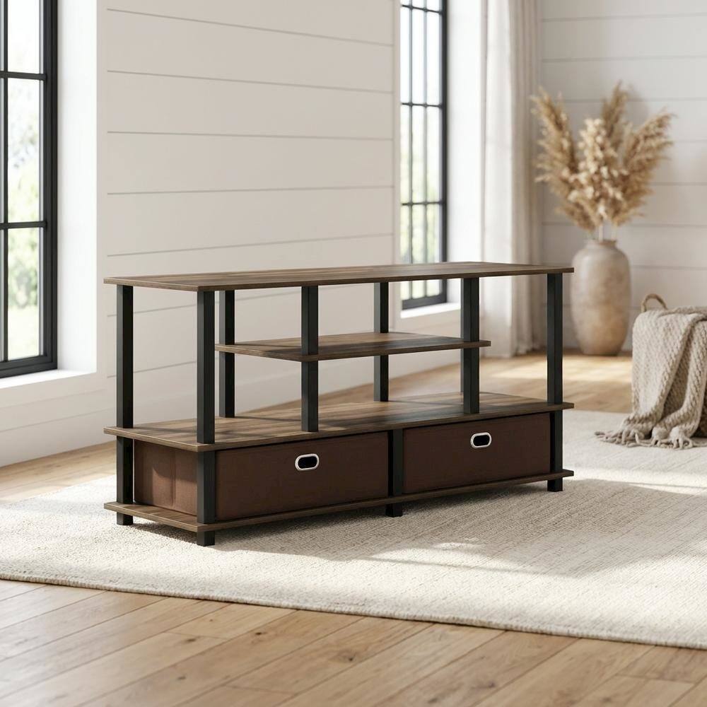 Alt View 2. FurniFact - Wood TV stand for up to 50-inch with storage bin in dark brown and black finish - Brown Black.