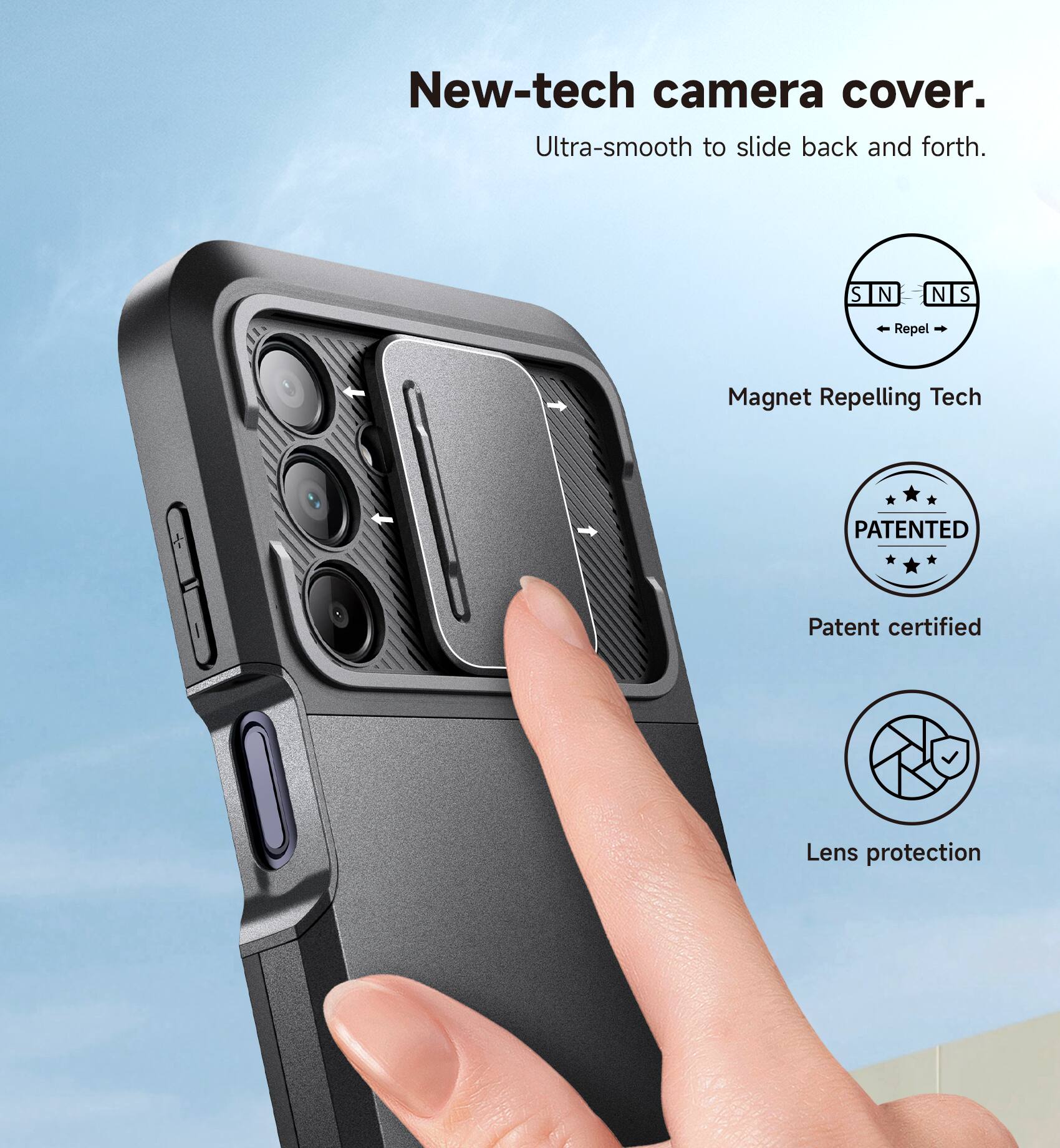 New-tech camera cover.  
Ultra-smooth to slide back and forth.  

- SIN NIS  
- Repel Magnet Repelling Tech  
- PATENTED  
- Patent certified  
- Lens protection