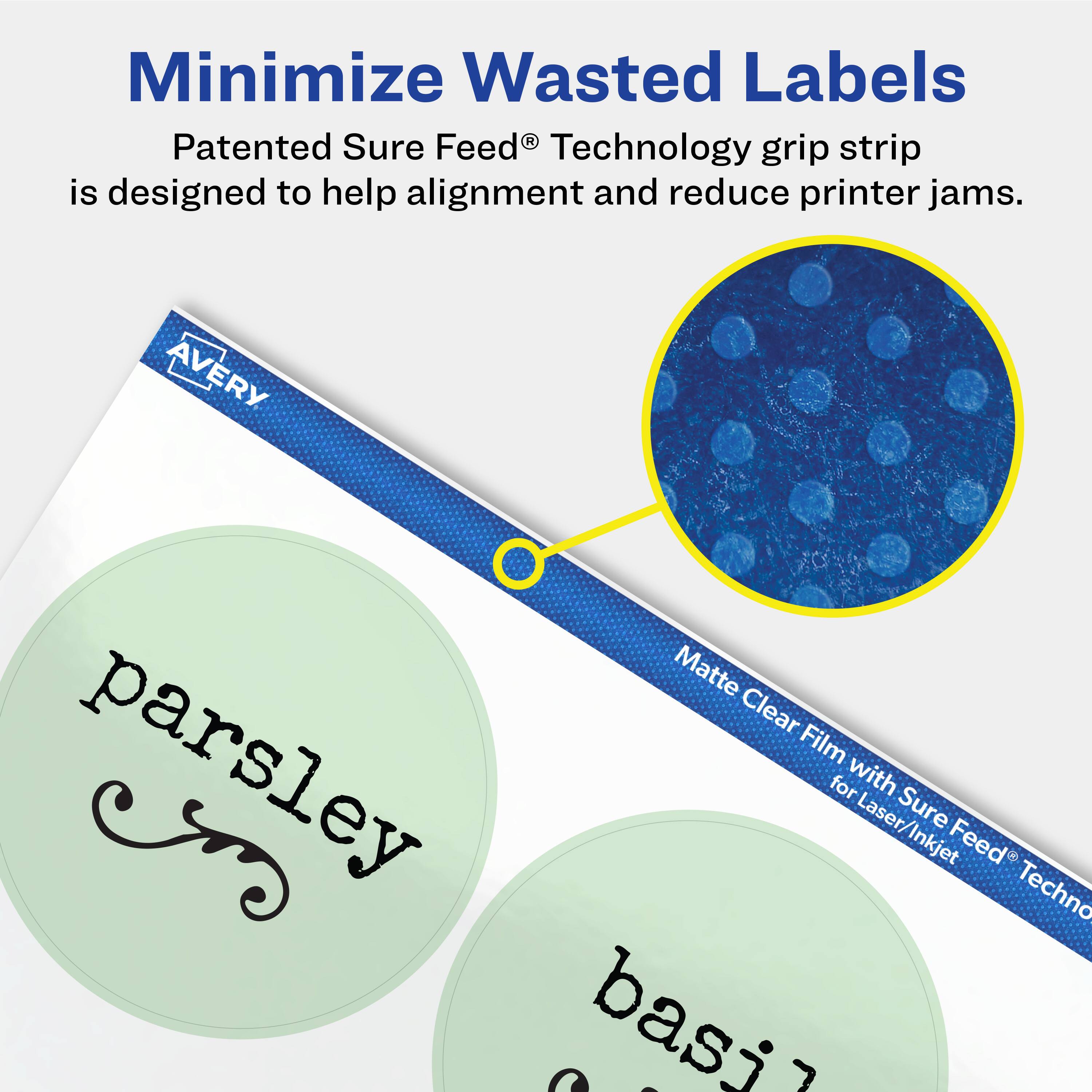 Minimize Wasted Labels

Patented Sure Feed® Technology grip strip is designed to help alignment and reduce printer jams.

AVERY Matte Clear Film for Laser/Inkjet Sure Feed® Technology