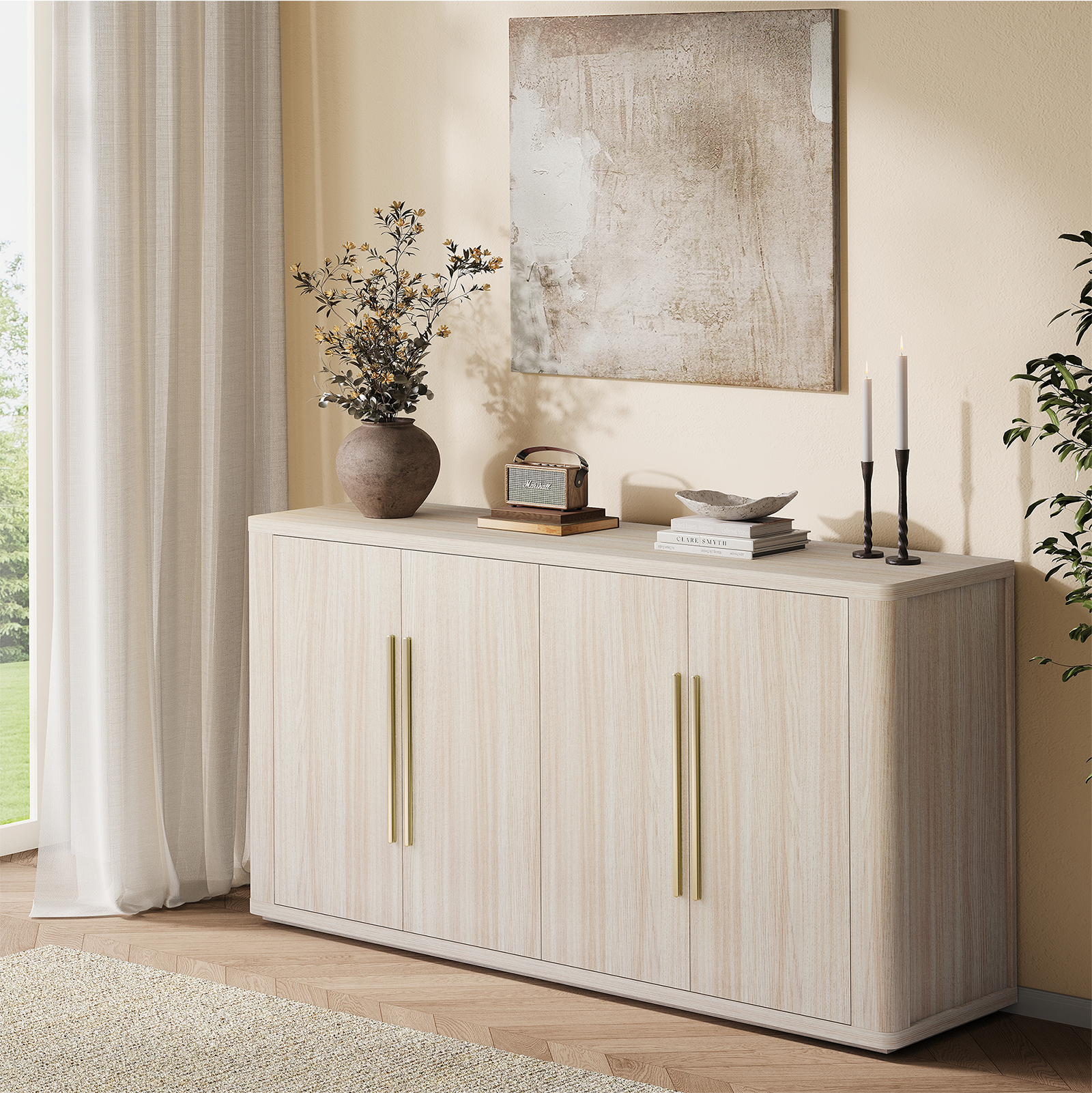 Alt View 3. ModernMate - 60" Modern Sideboard Buffet Cabinet with Storage, Beige Oak Accent Credenza, Adjustable Shelves & Cord Management - Light Oak.