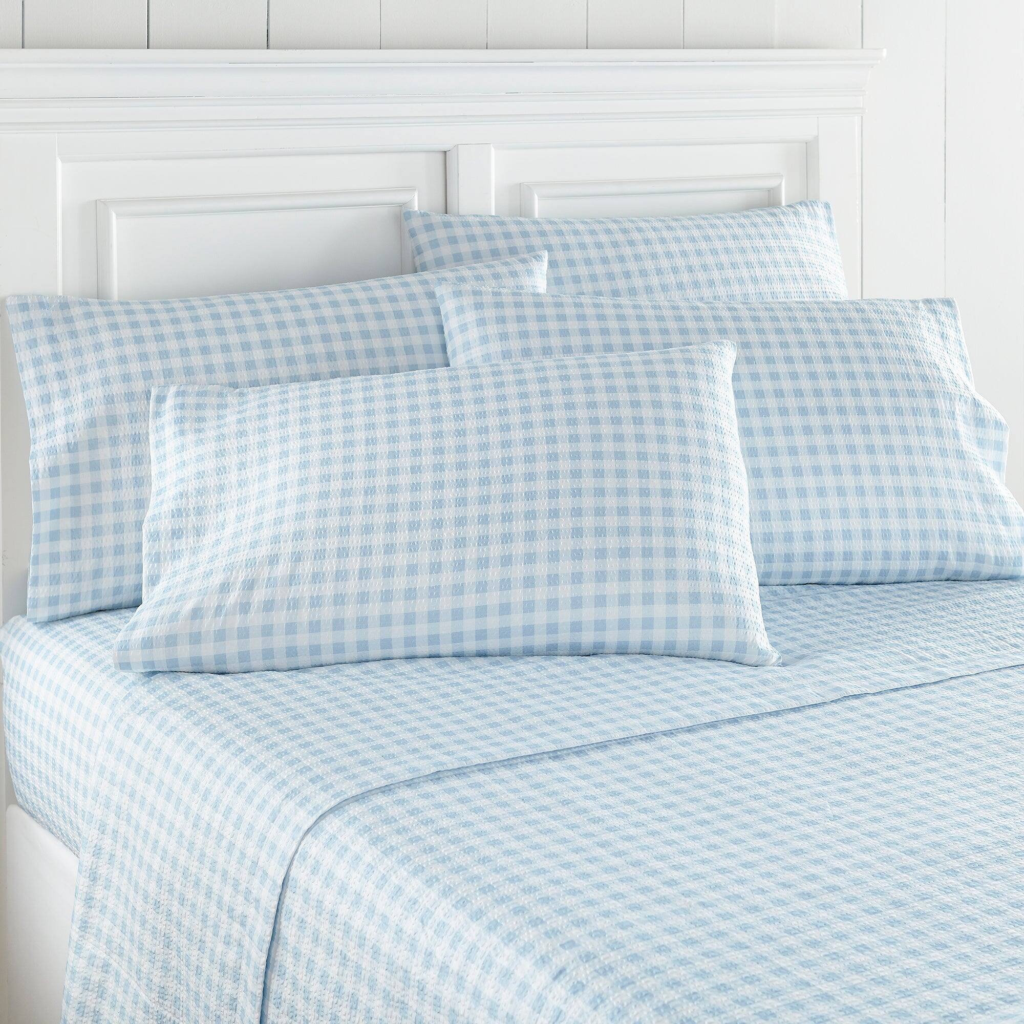 Back. Shavel Home Products - Shavel Home Products Gingham Blue Seersucker Sheet Set - Stylish and Comfortable Bedding - Gingham Blue.