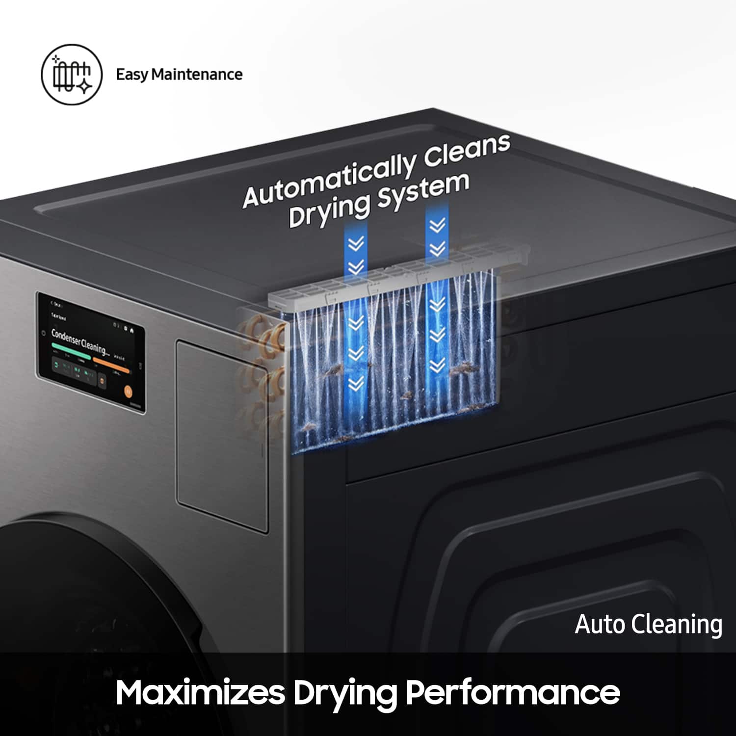 Easy Maintenance Cleans Automatically Drying System. Teri. Condenser Cleaning. Auto Cleaning. Maximizes Drying Performance.