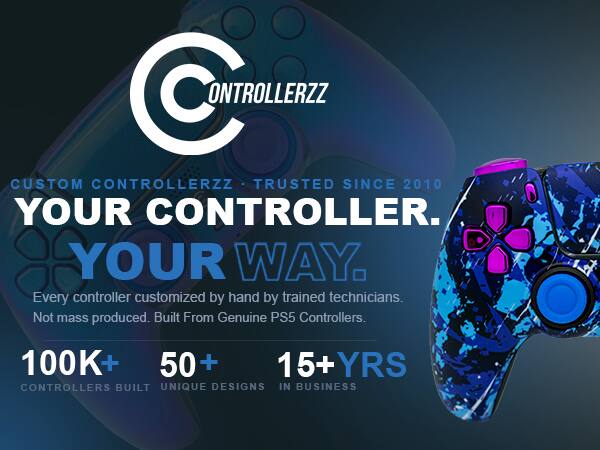 CONTROLLERZZ  
CUSTOM CONTROLLERZZ  
TRUSTED SINCE 2010  
YOUR CONTROLLER. YOUR WAY.  
Every controller customized by hand by trained technicians.  
Not mass produced. Built From Genuine PS5 Controllers.  
100K+  
50+  
15+ YRS  
CONTROLLERS BUILT  
UNIQUE DESIGNS  
IN BUSINESS