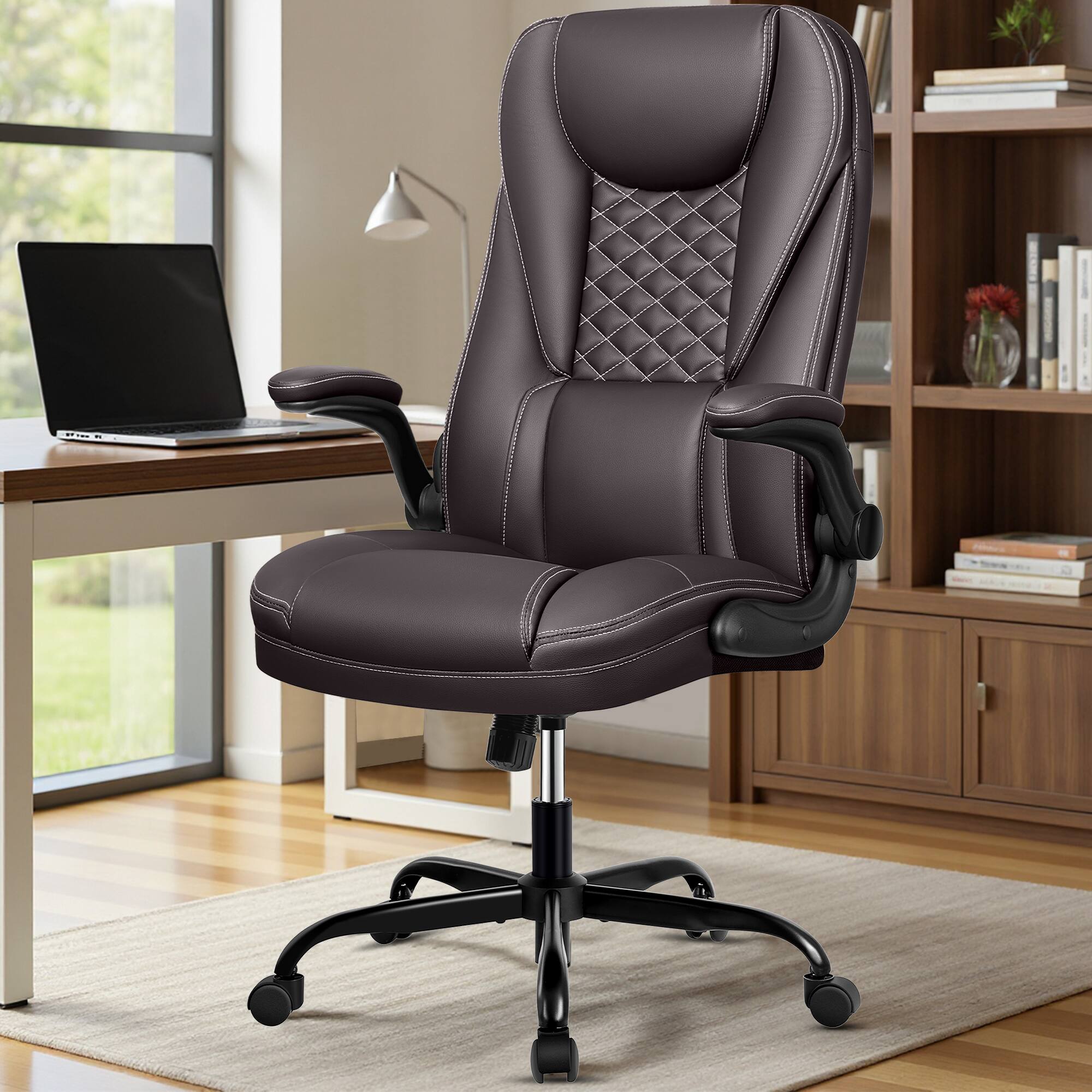 Angle. KERDOM - Ergonomic PU Leather Chair with Flip-Up Arms, Executive Manager Chair, High Back Home Office Desk Chair Computer Chair - Coffee.