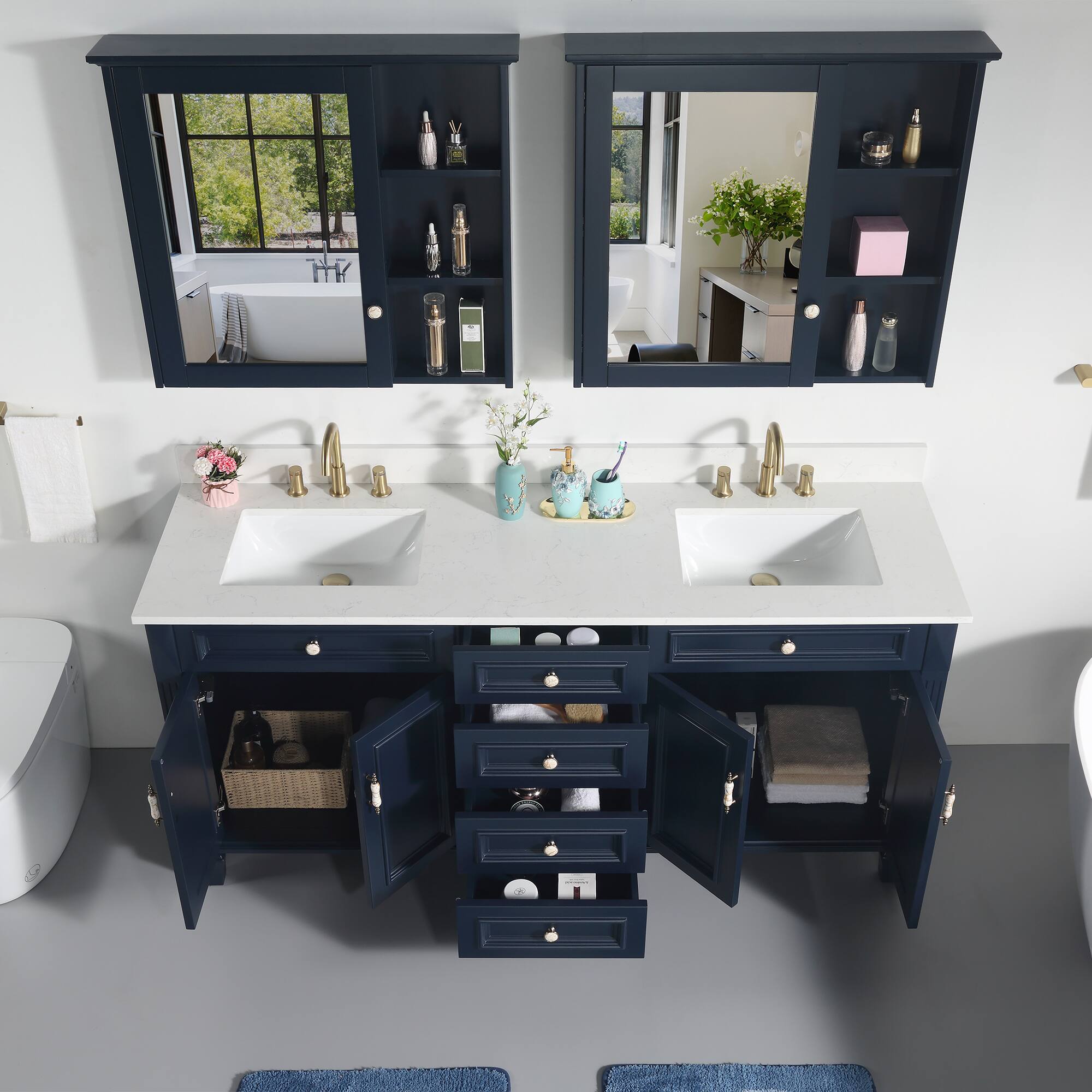 Alt View 2. WELLFOR - ARTWOOD 72 in. Solid Wood Bath Vanity with Quartz Top, Double Sink, Soft Close, Assembled - Navy Blue.