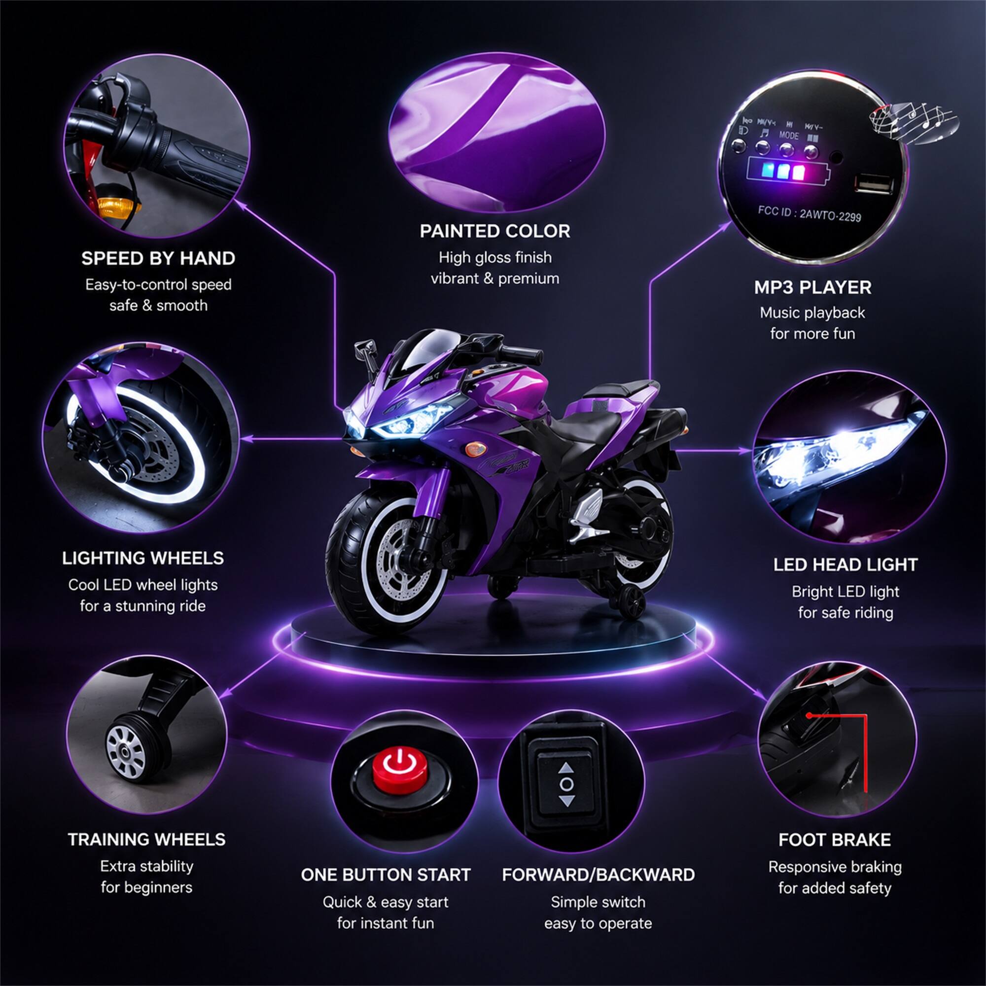 - SPEED BY HAND: Easy-to-control speed safe & smooth
- PAINTED COLOR: High gloss finish vibrant & premium
- FCC ID: 2AWTO-2299
- MP3 PLAYER: Music playback for more fun
- LIGHTING WHEELS: Cool LED wheel lights for a stunning ride
- LED HEAD LIGHT: Bright LED light for safe riding
- TRAINING WHEELS: Extra stability for beginners
- ONE BUTTON START: Quick & easy start for instant fun
- FORWARD/BACKWARD: Simple switch for instant fun easy to operate
- FOOT BRAKE: Responsive braking for added safety