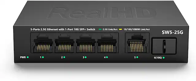 RealHD
5-Ports 2.5G Ethernet with 1-Port 10G SFP+ Switch
SW5-25G
PWR
1
2
3
4
5
6(10G)
2.5G Link/Act
10/100/1000M Link/Act