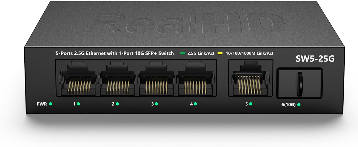 RealHD  
5-Ports 2.5G Ethernet with 1-Port 10G SFP+ Switch  
SW5-25G  

PWR  
1  
2  
3  
4  
5  
6(10G)  

2.5G Link/Act  
10/100/1000M Link/Act