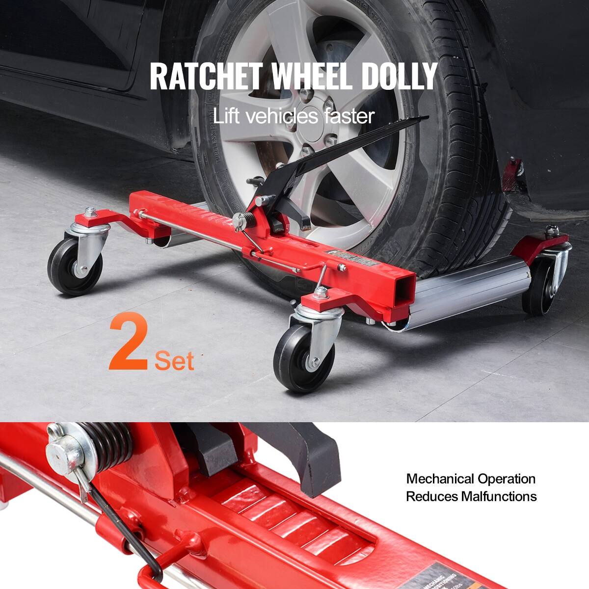 RATCHET WHEEL DOLLY  
Lift vehicles faster  
2 Set  
Mechanical Operation Reduces Malfunctions
