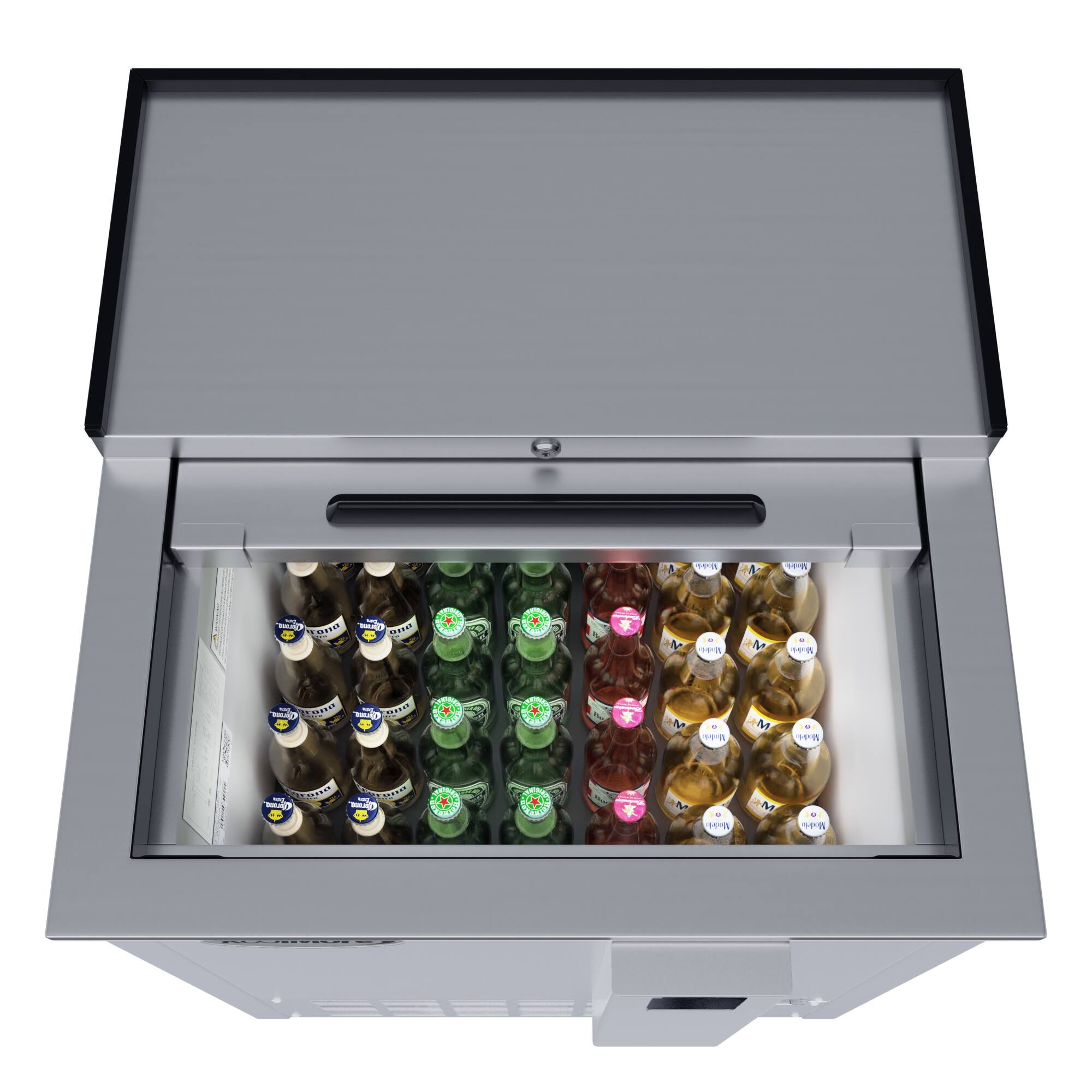 The image shows a refrigerator with a drawer open, revealing a variety of bottles inside. There are a total of 17 bottles, with some containing wine and others containing beer. The bottles are arranged in a visually appealing manner, showcasing the diverse selection of beverages available in the refrigerator.